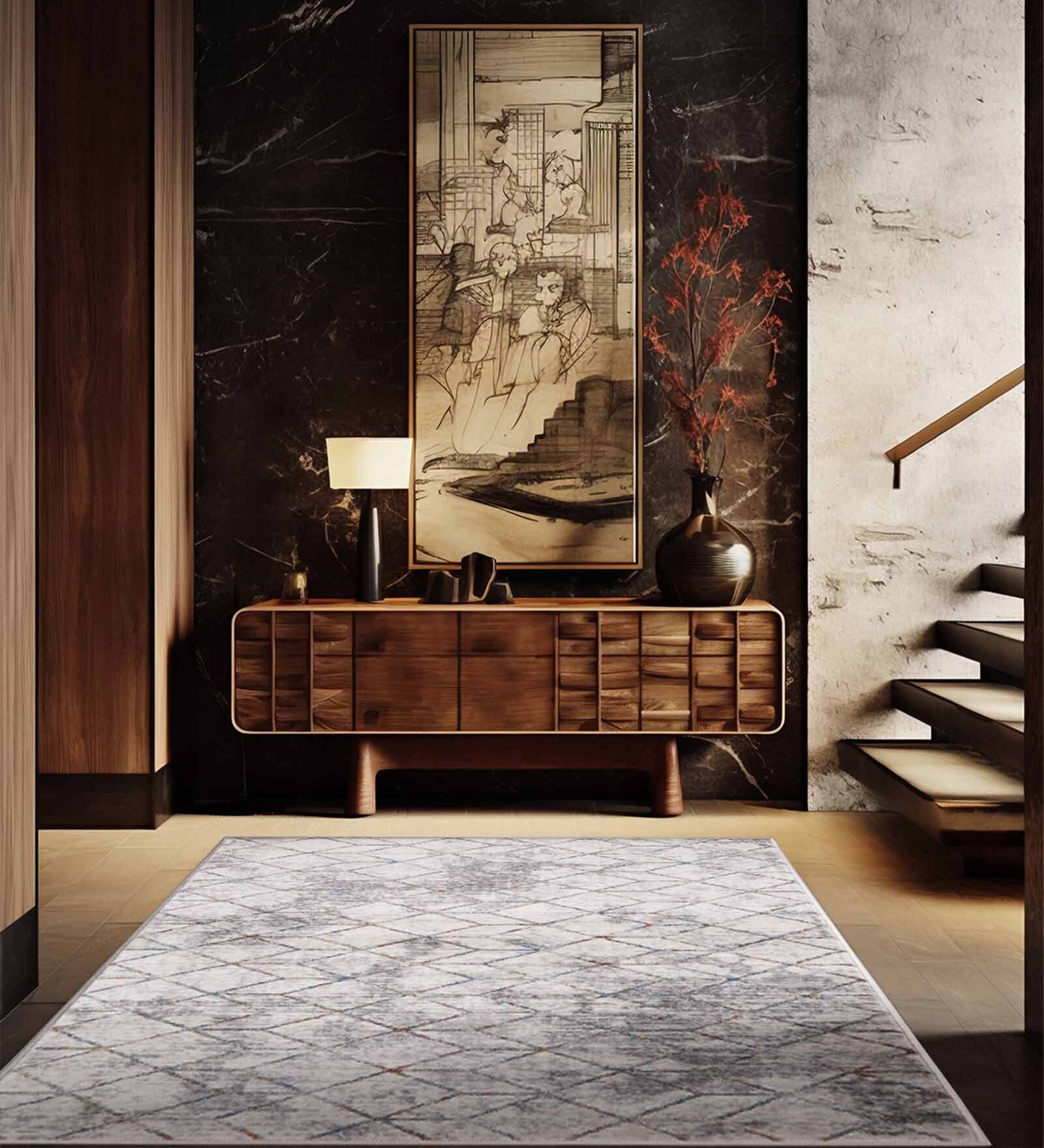 Grey & Brown Abstract Polyester 5 x 7 Feet Machine Made Carpet