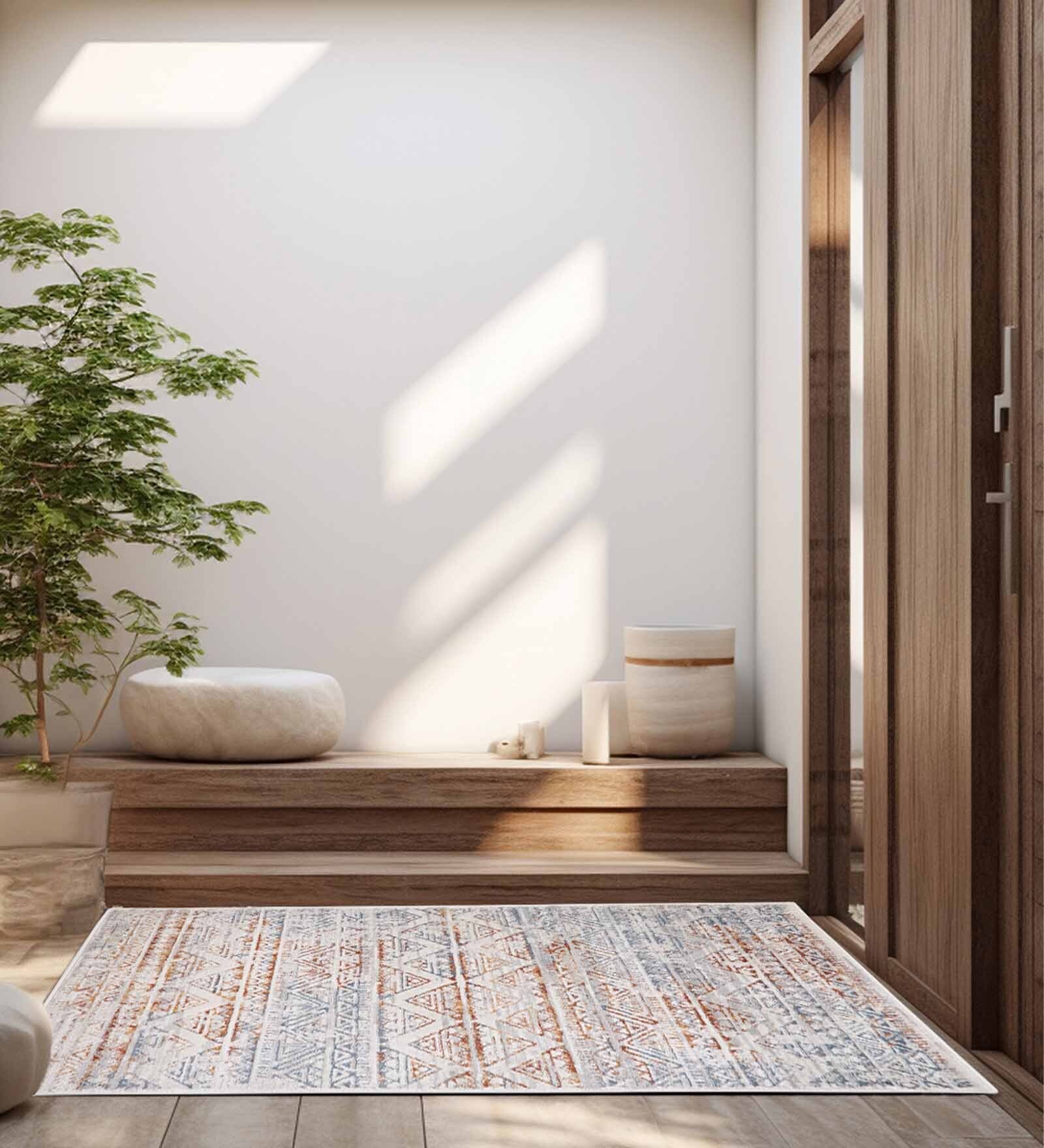 Grey & Brown Abstract Polyester 6 x 9 Feet Machine Made Carpet