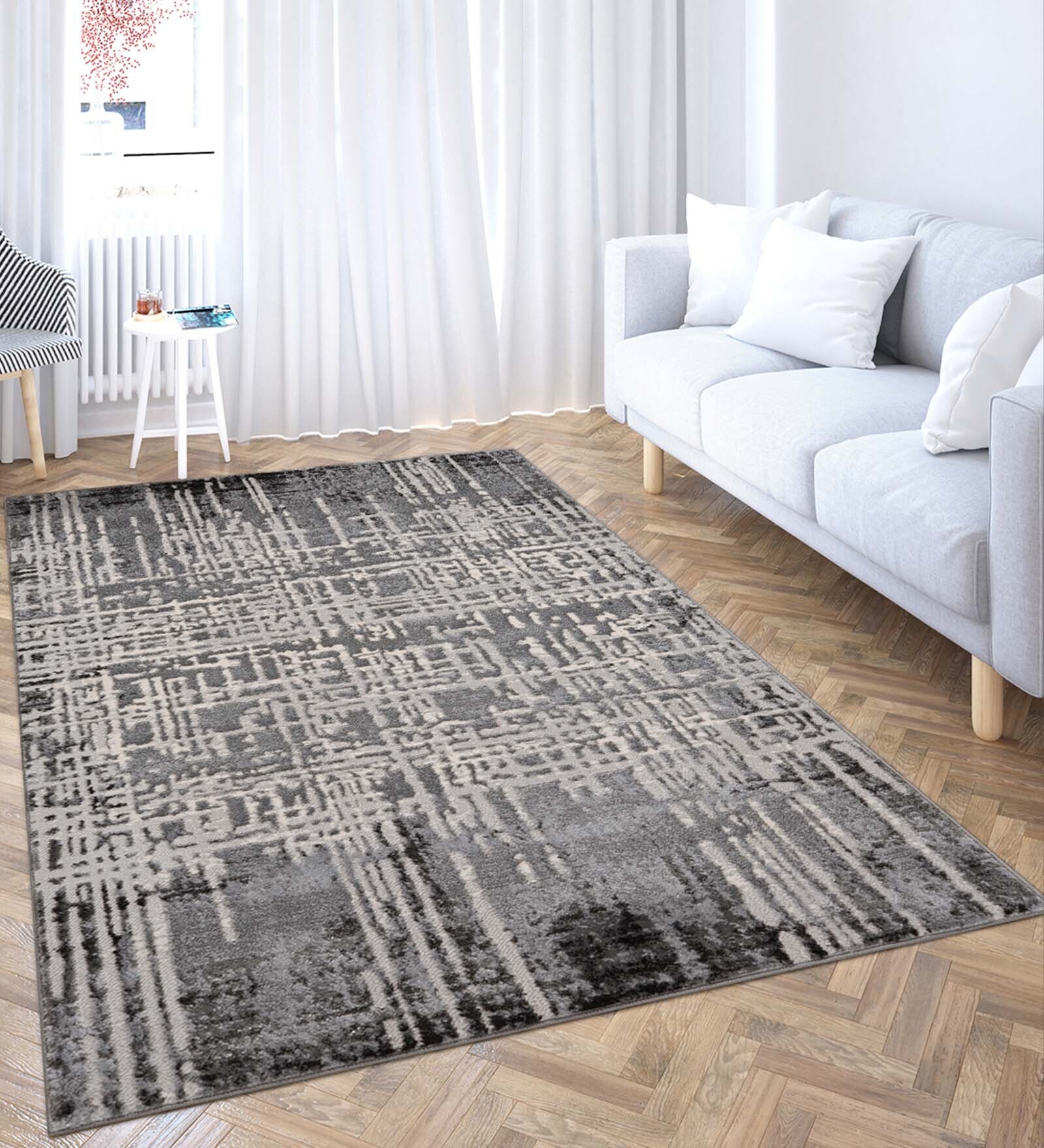 Grey & Cream Abstract Polyester 3 x 5 Feet Machine Made Carpet