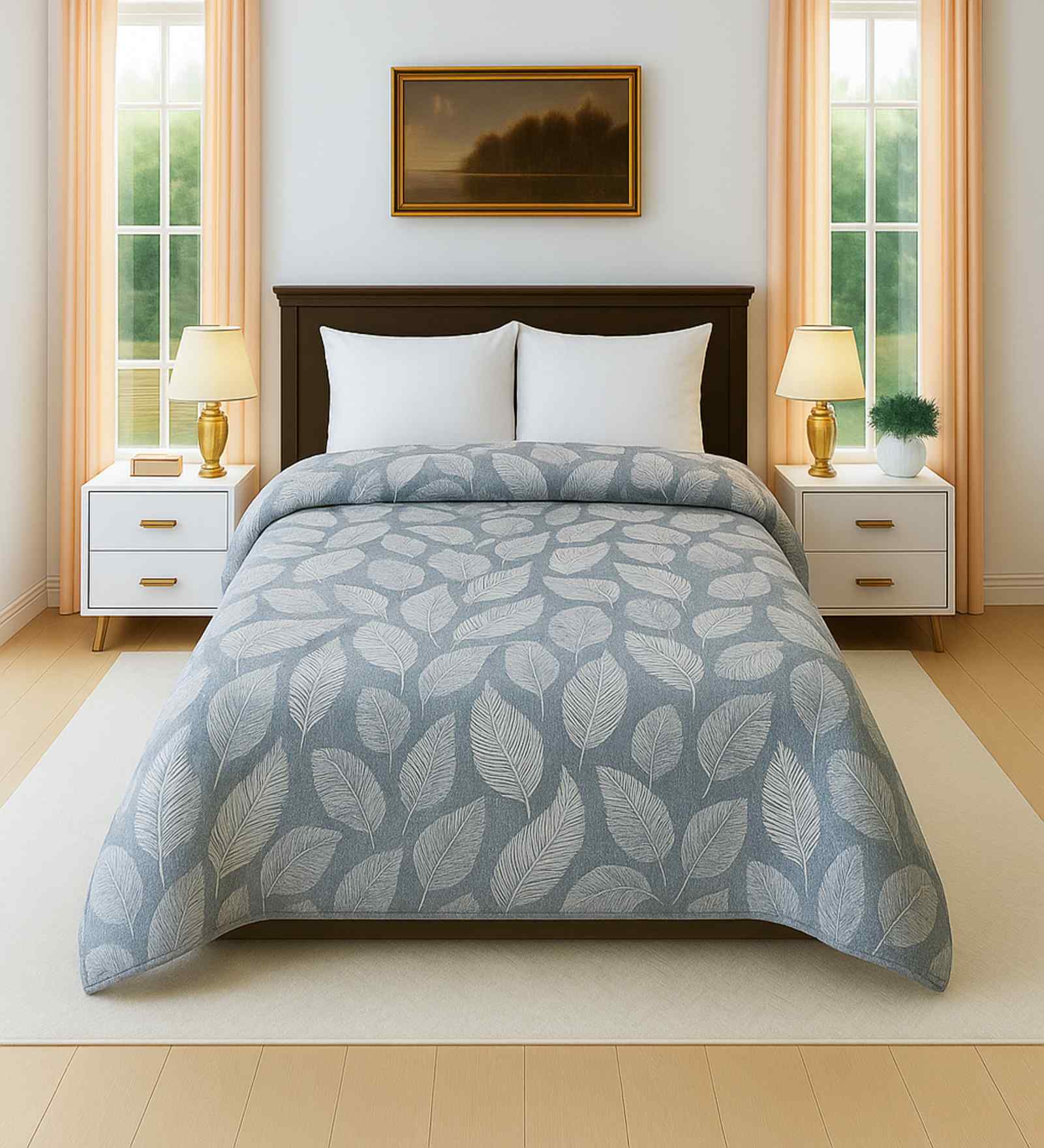 Grey & Cream Cotton Floral 300 GSM Double Bed Cotton Comforter