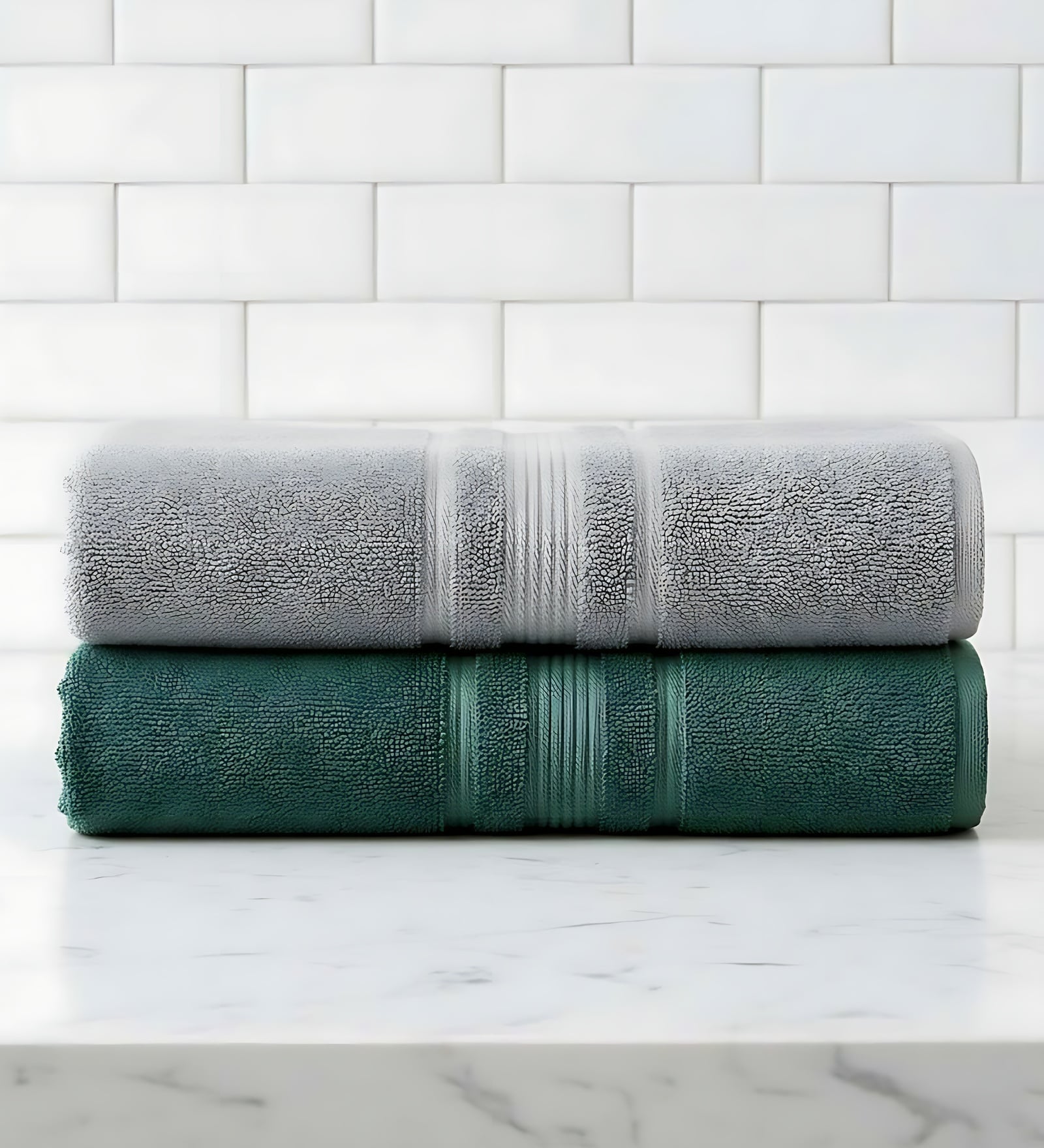 Grey & Dark Green Soft Cotton 500 GSM Solid Bath Towel Pack Of 2