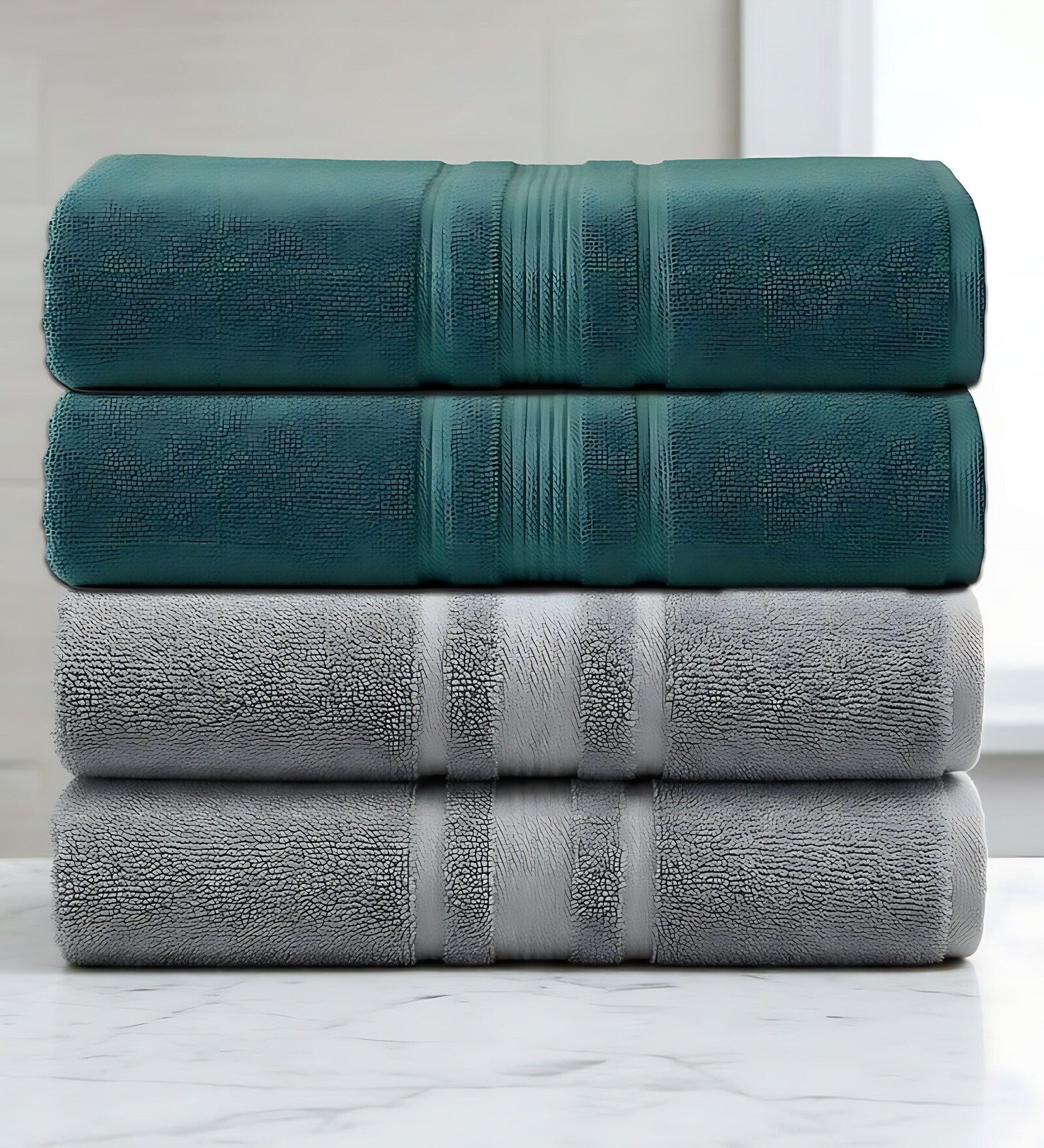 Grey & Dark Green Soft Cotton 500 GSM Solid Bath Towel Pack Of 4