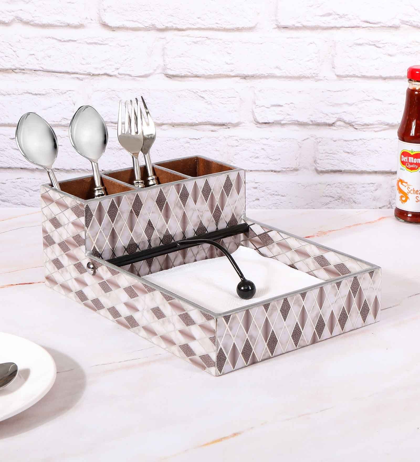 Grey & Gold MDF Wood Barfi Cutlery Tissue Holder