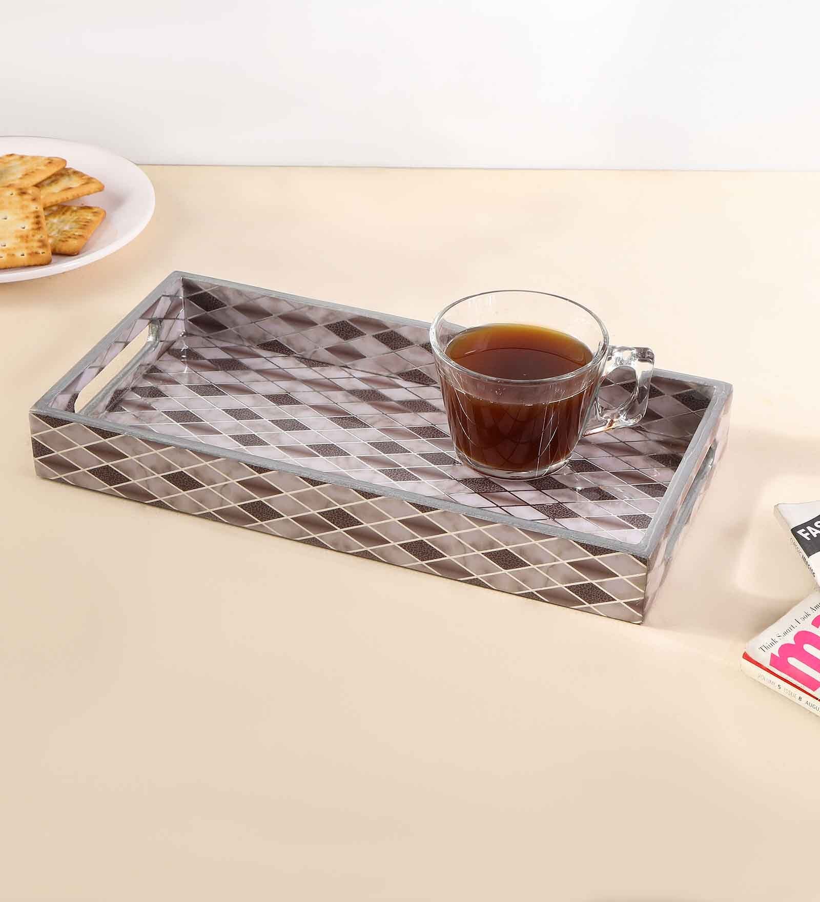 Grey & Gold MDF Wood Barfi  Rectangle Serving Tray