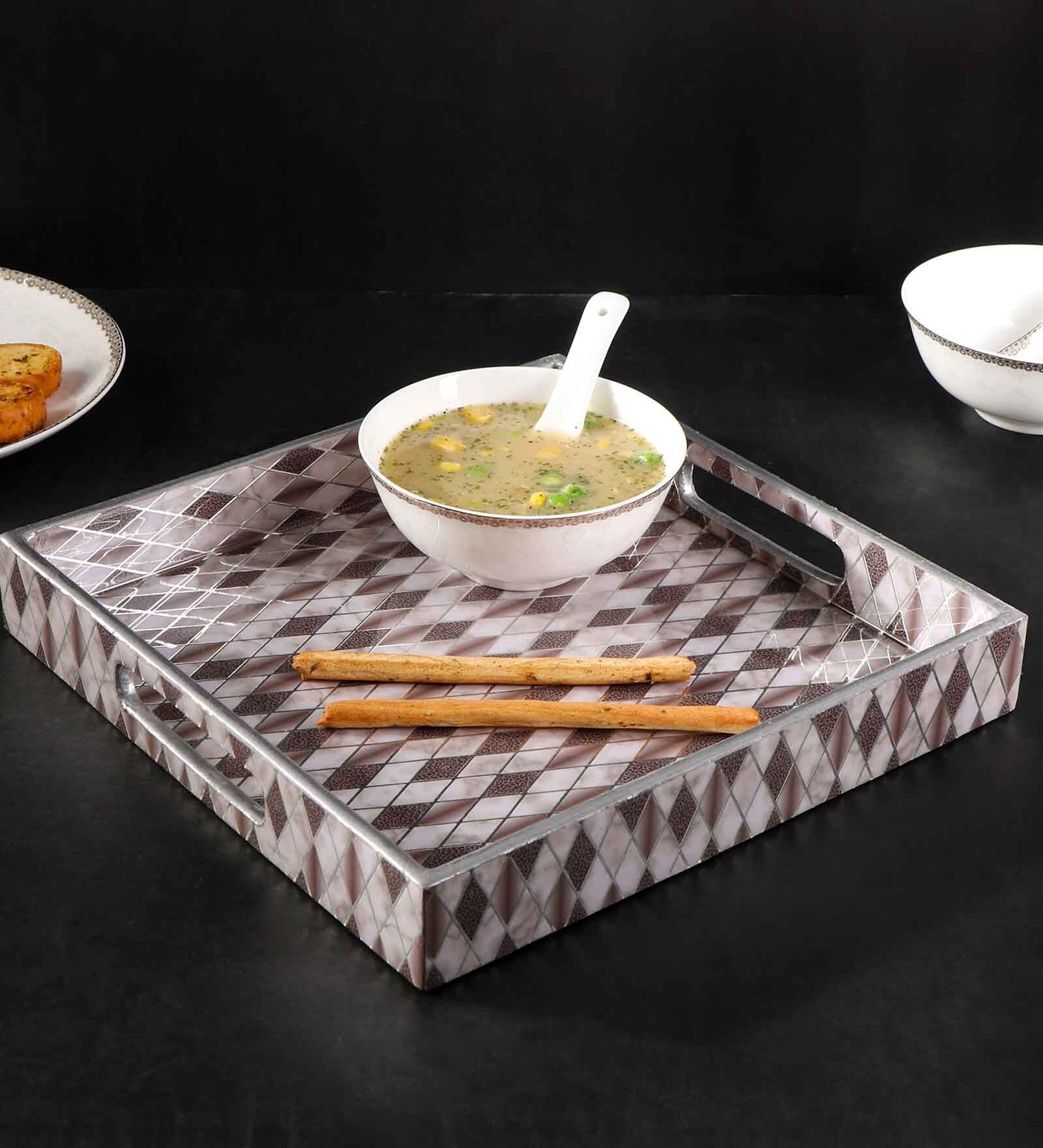 Grey & Gold MDF Wood Barfi  Square Serving Tray