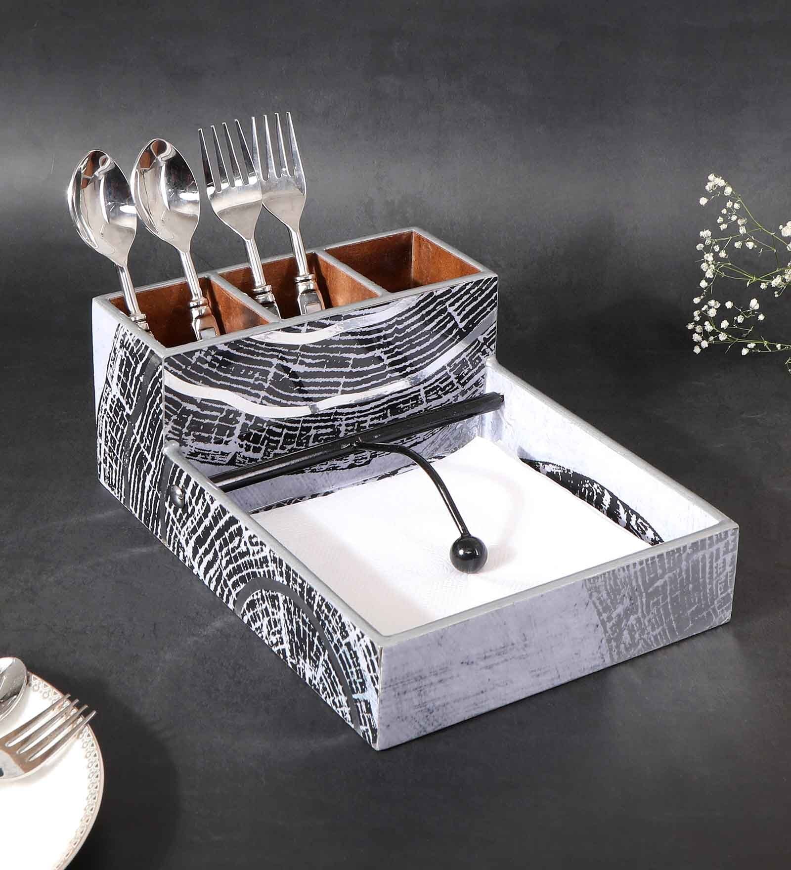 Grey & Gold MDF Wood Grey spiral Cutlery Tissue Holder