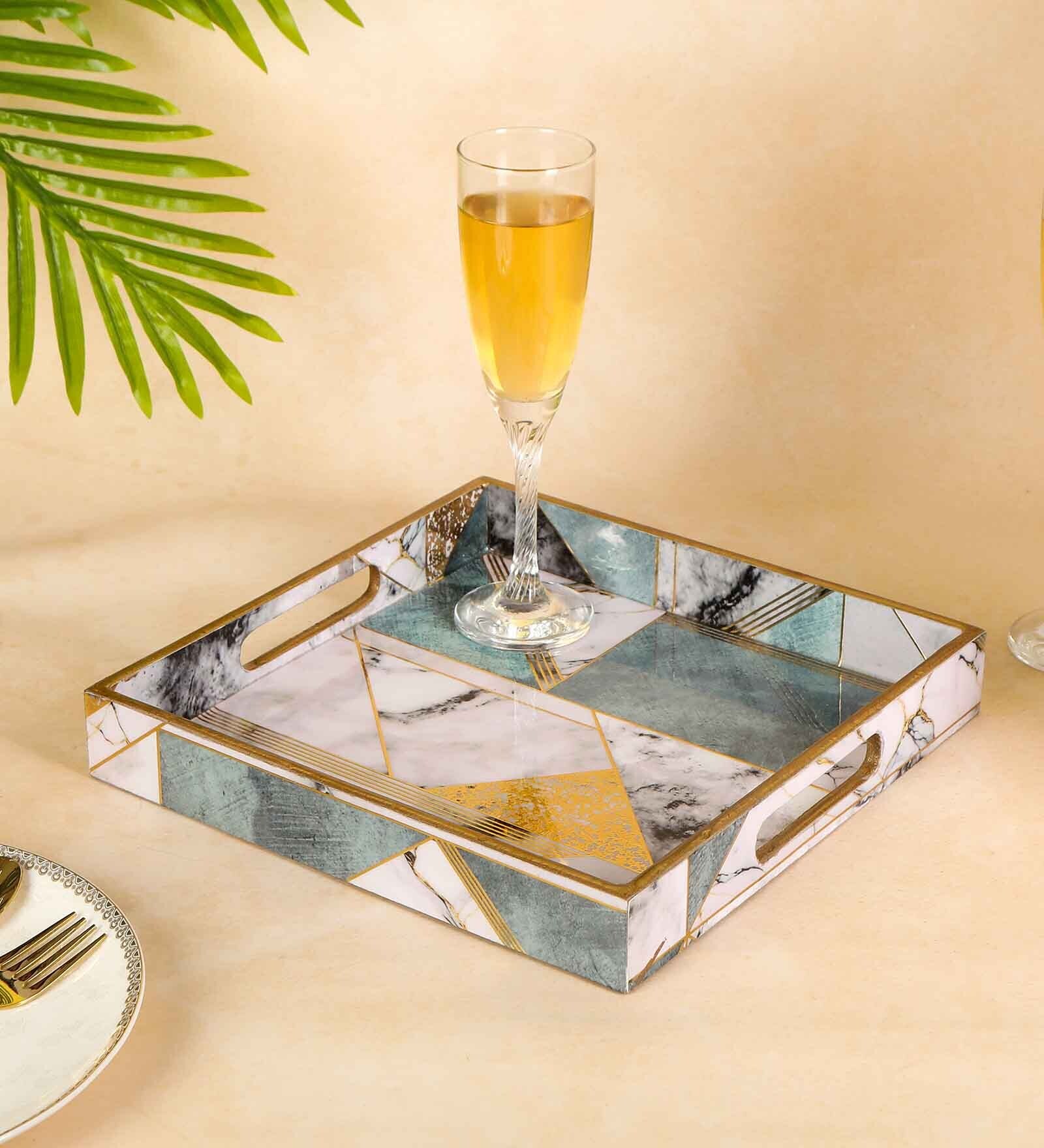 Grey & Gold MDF Wood New Onyx  Square Serving Tray