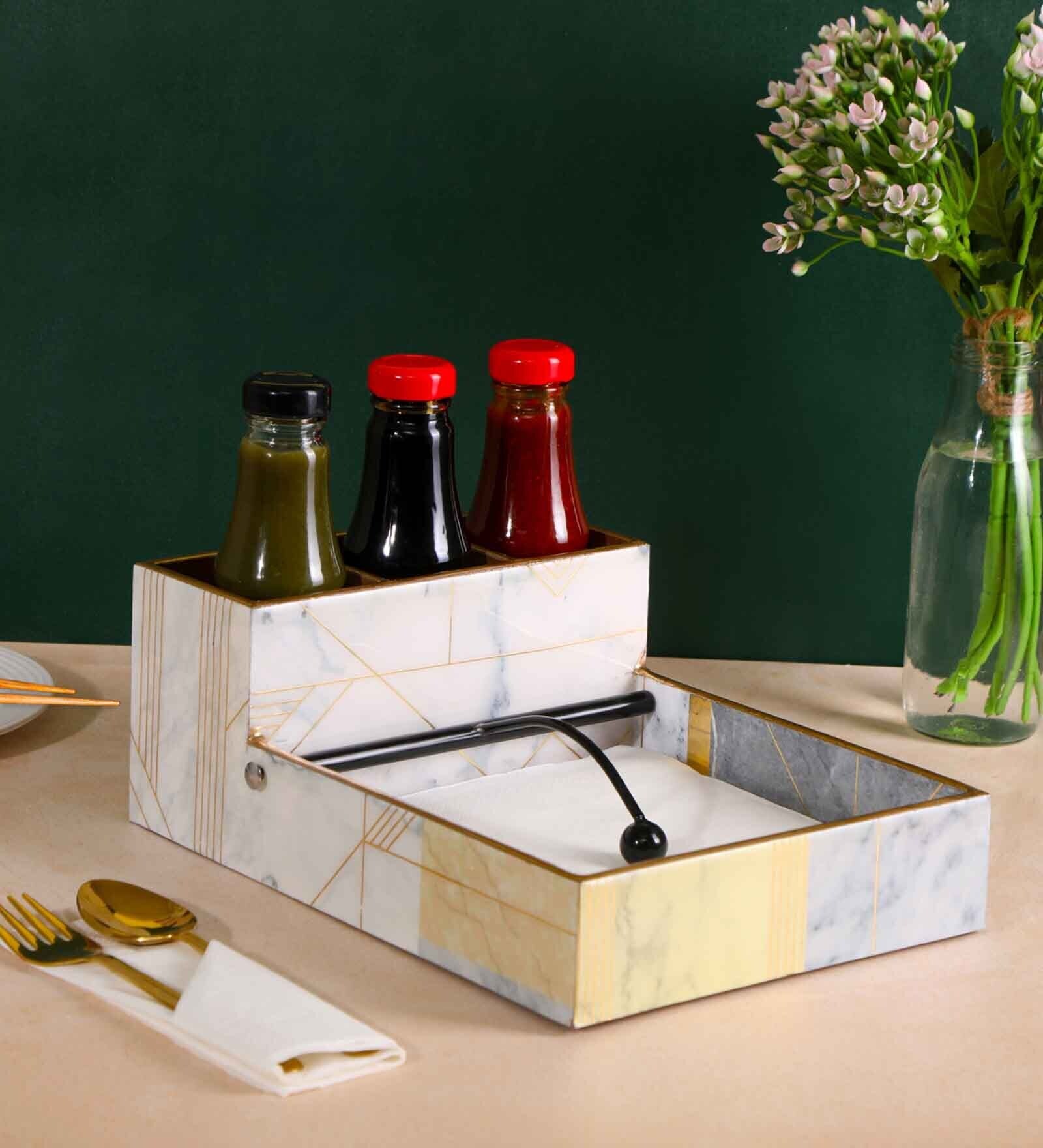 Grey & Gold Mdf Wood Rectangle 1 Pcs Cutlery Cum Tissue Holder