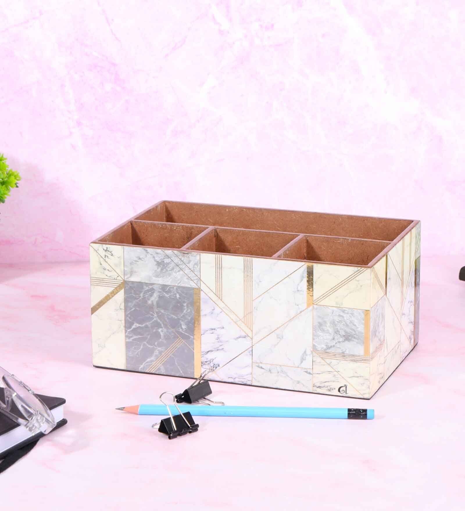 Grey & Gold Mdf Wood Rectangle 1 Pcs Cutlery Holder