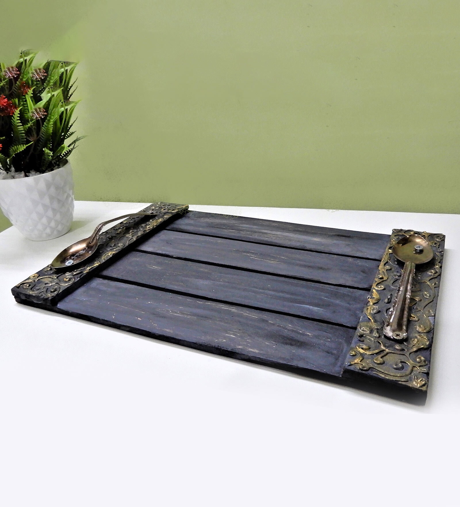 Grey   Handpainted  Wood   Serving Tray
