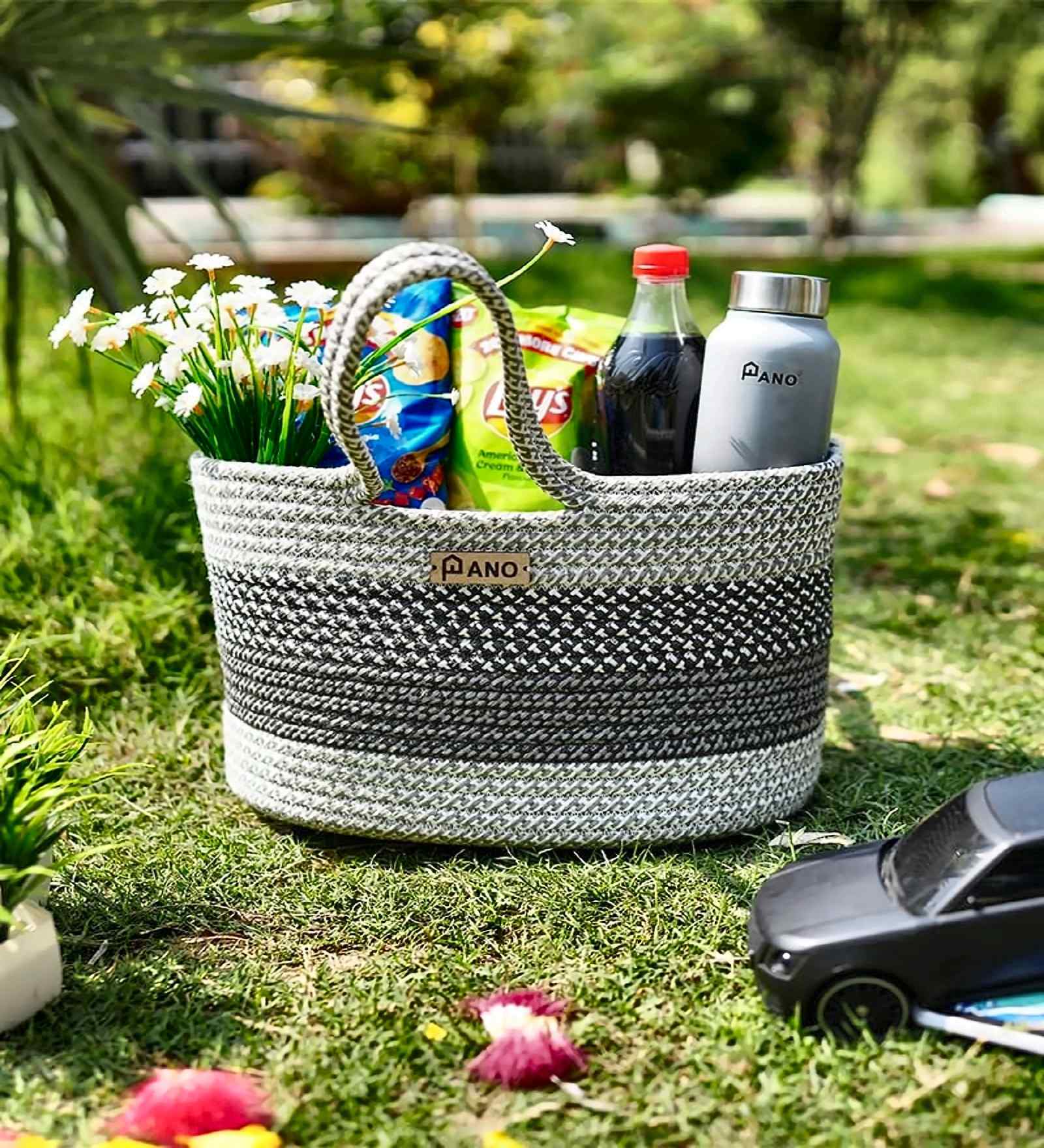 Grey & Light Grey Polypropelyene Floris Tote Storage Basket