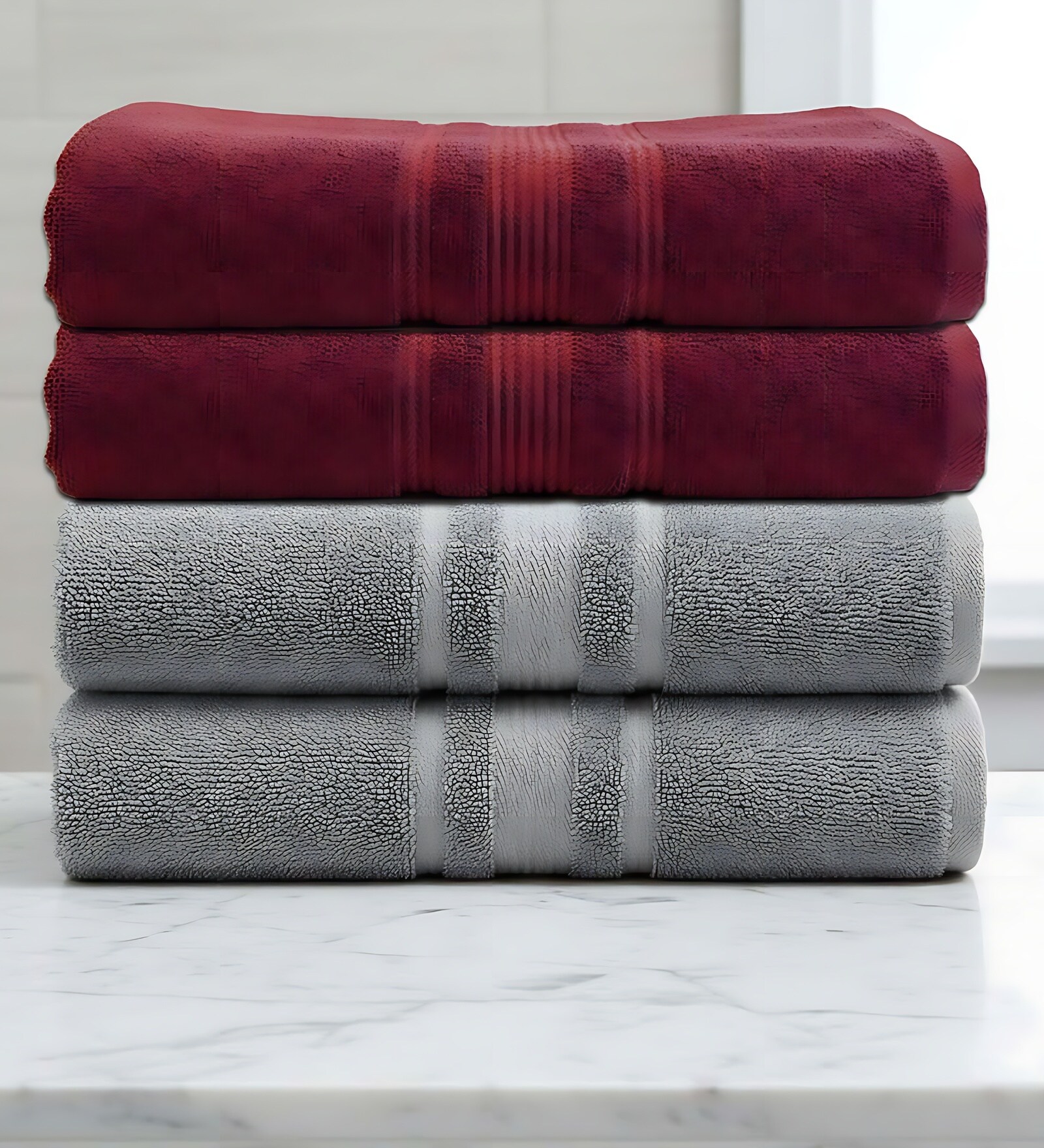 Grey & Maroon Soft Cotton 500 GSM Solid Bath Towel Pack Of 4