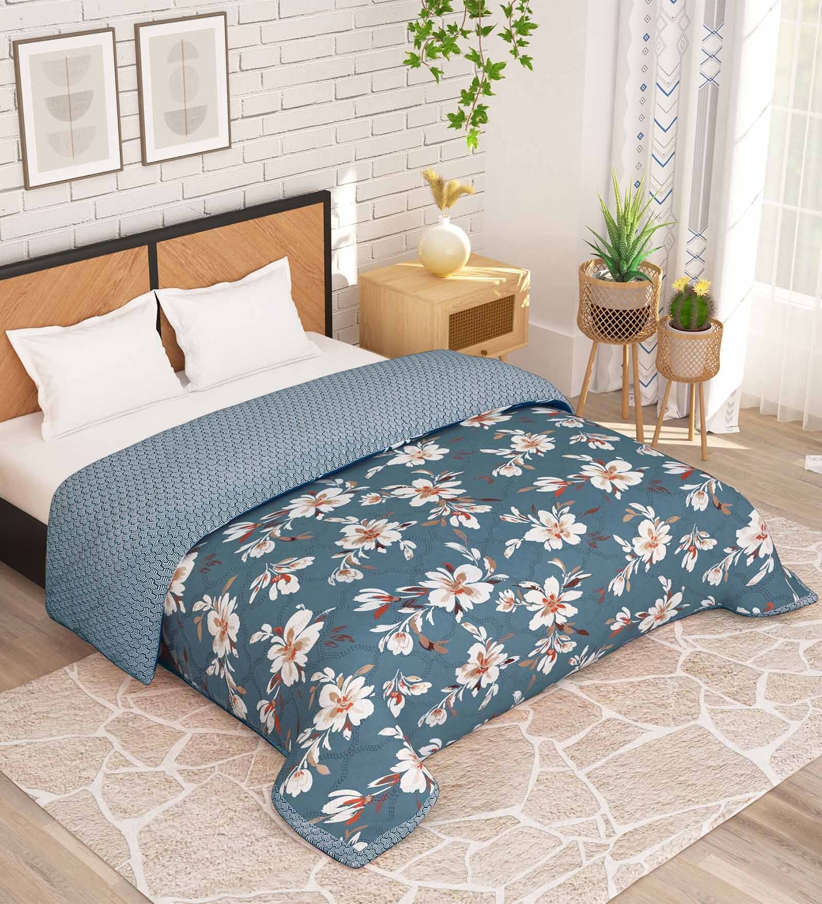 Grey   Microfiber Floral 180 GSM Fusion Reversible Double Comforter