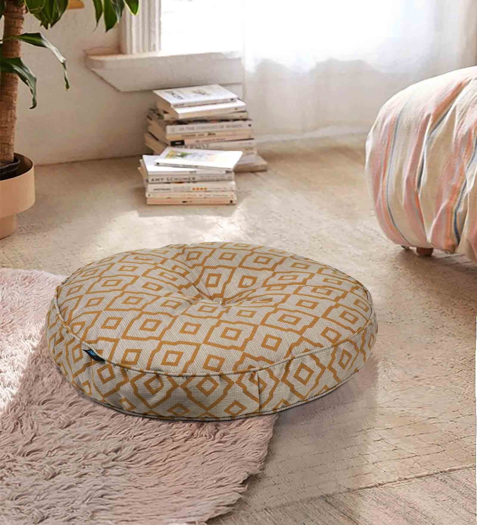 Grey & Mustard Geometric Polyester 22x22 Inches Floor Cushion