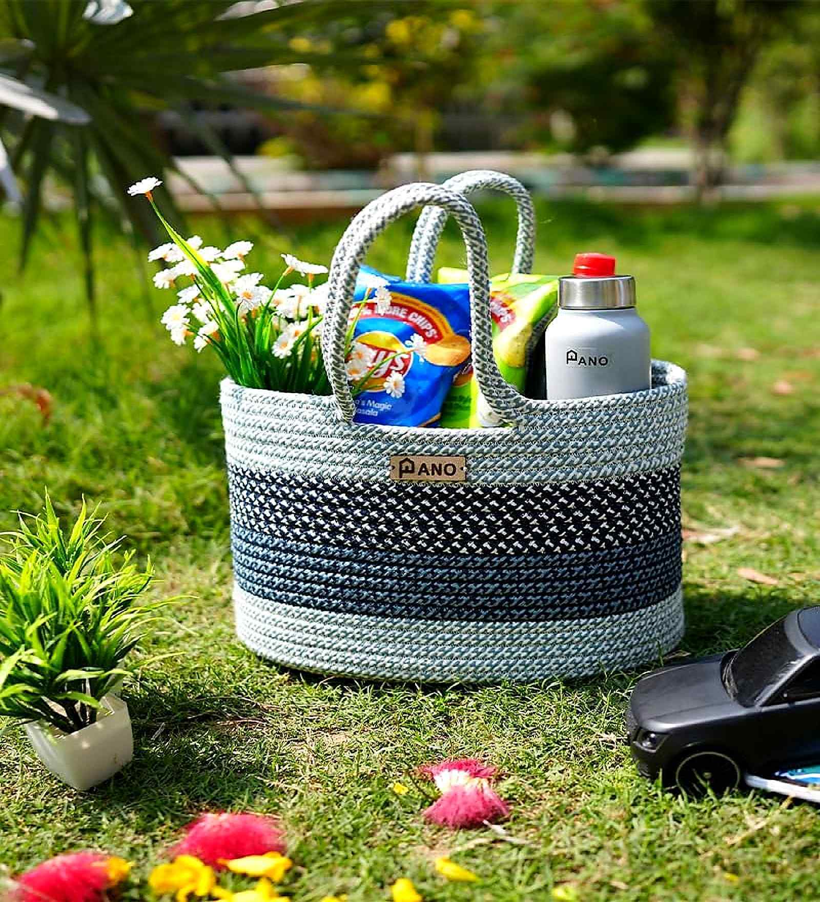 Grey & Navy Blue Polypropelyene Floris Tote Storage Basket