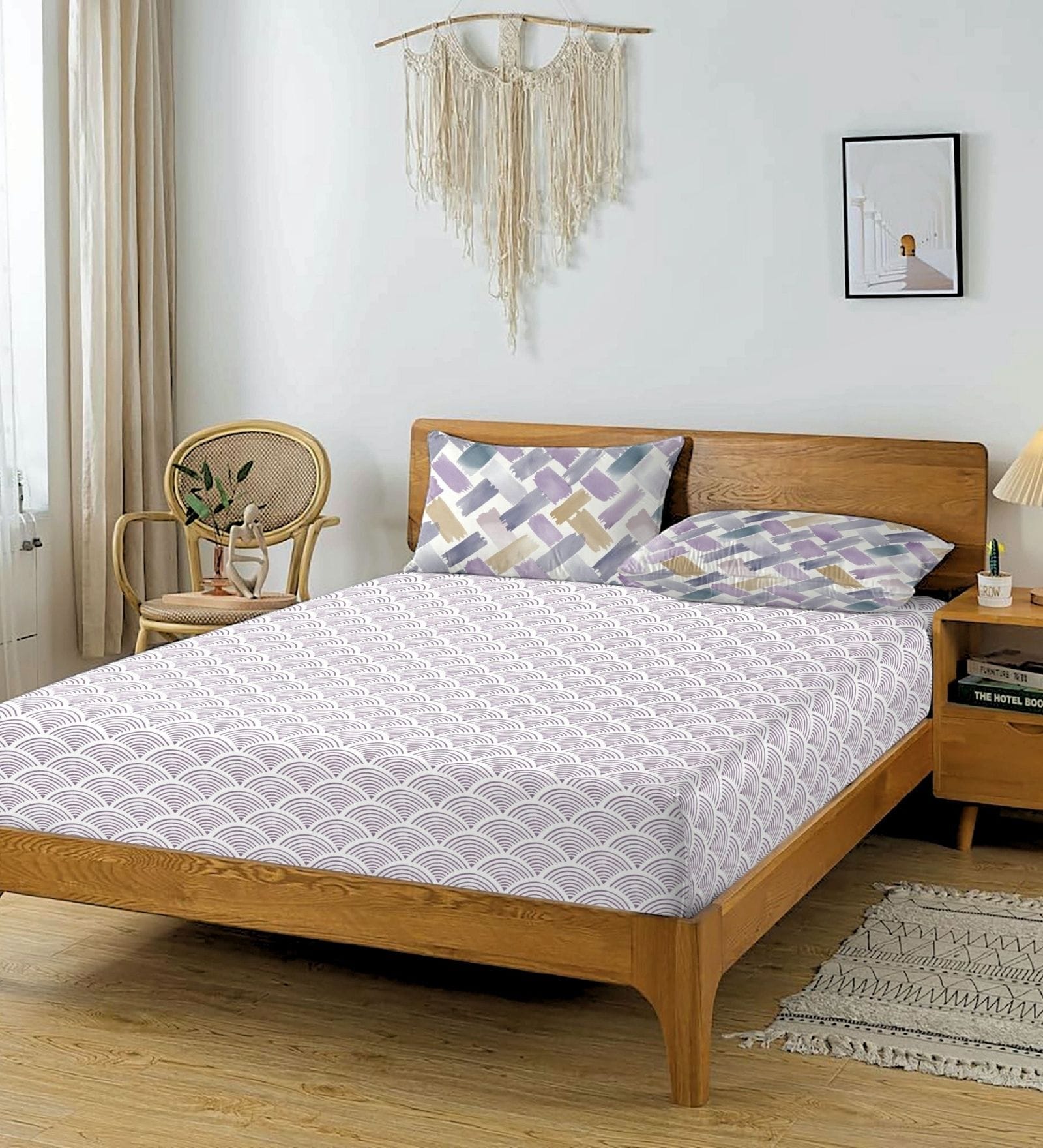 Grey & Purple Glace Cotton Geometric Print Elastic Fitted King Bedsheet With 2 Pillow Covers