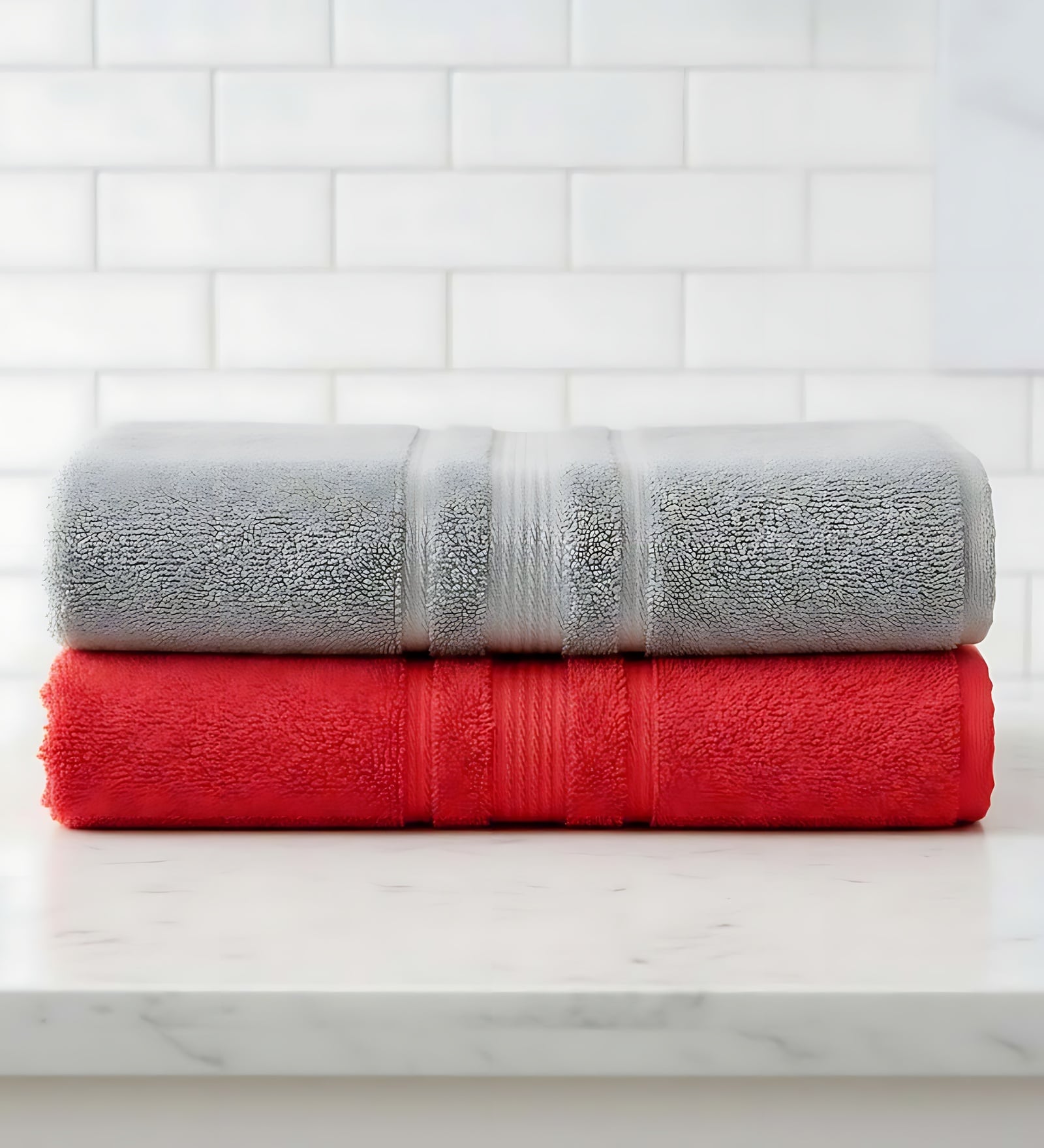 Grey & Red Soft Cotton 500 GSM Solid Bath Towel Pack Of 2