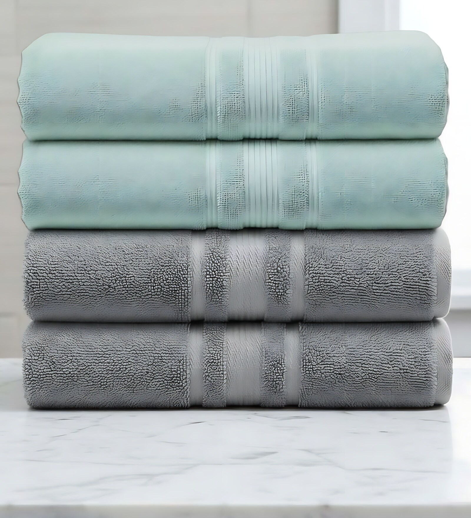 Grey & Water Green Soft Cotton 500 GSM Solid Bath Towel Pack Of 4
