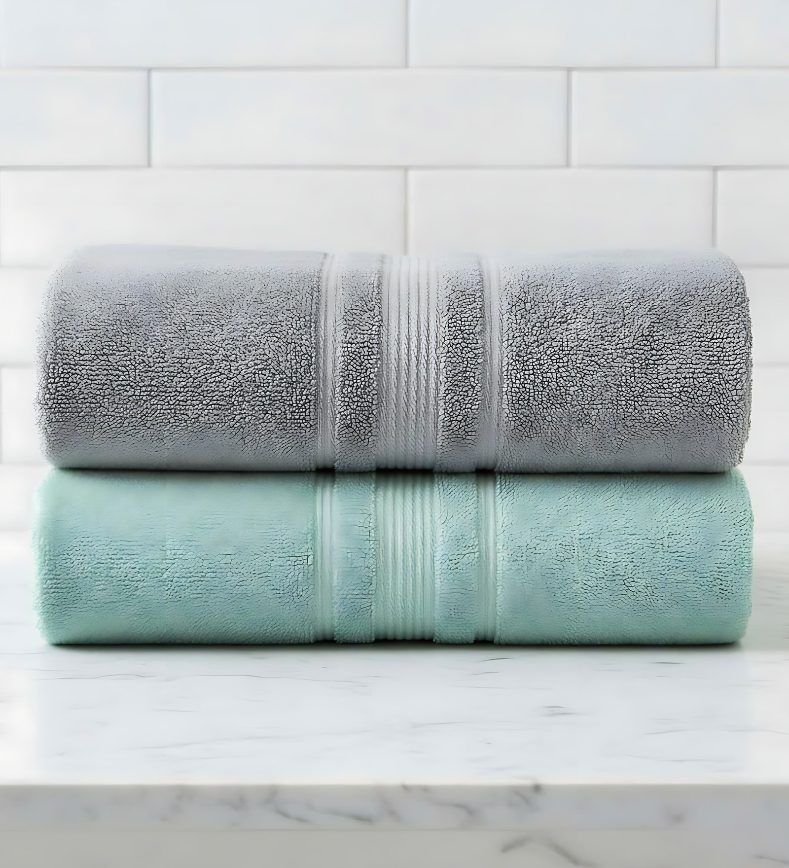Grey & Water Green Soft Cotton 500 GSM Solid Bath Towel Pack Of 2