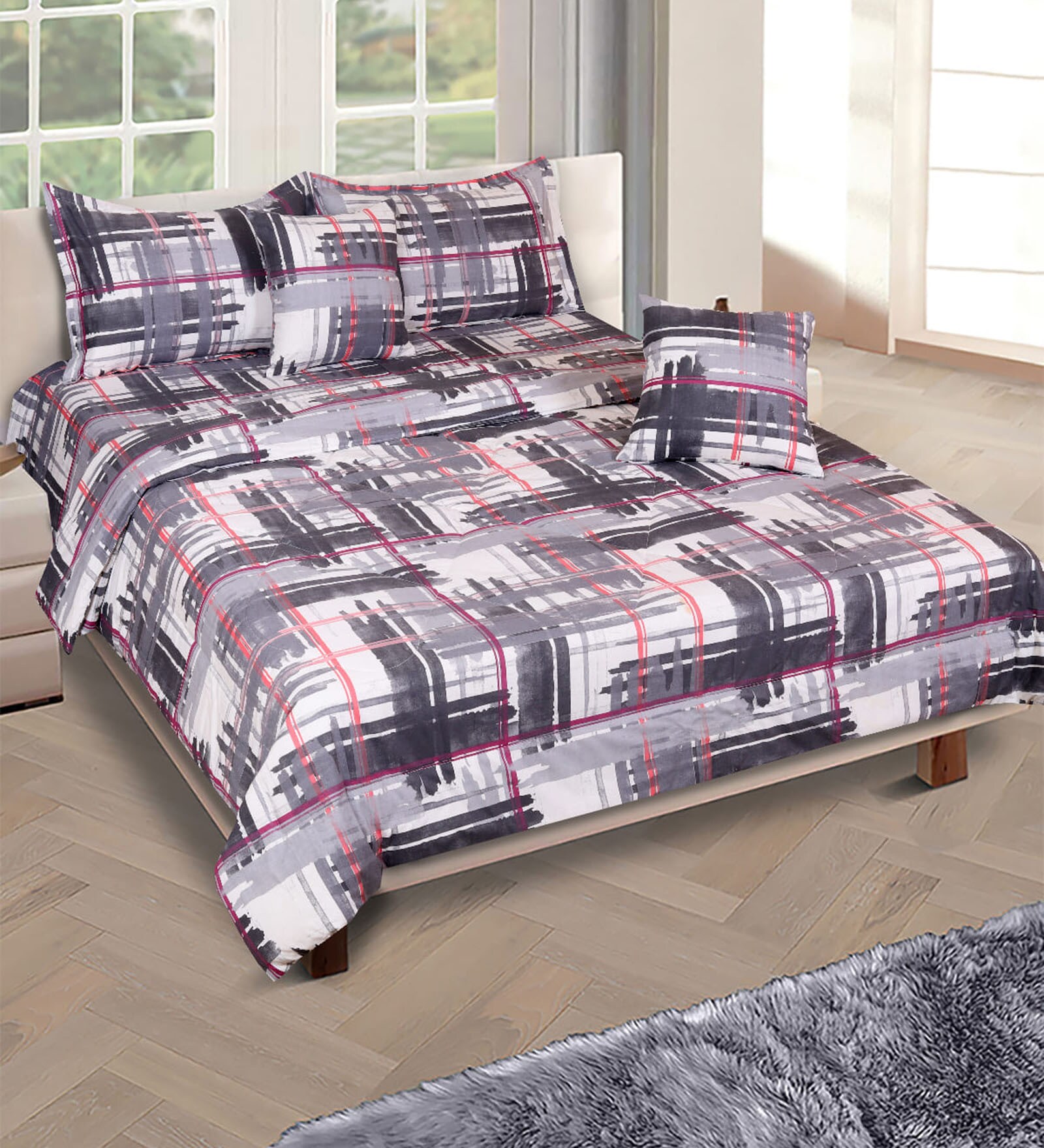 Grey & White Checkered 210 TC Cotton 6 Pieces Bedding Set Collection