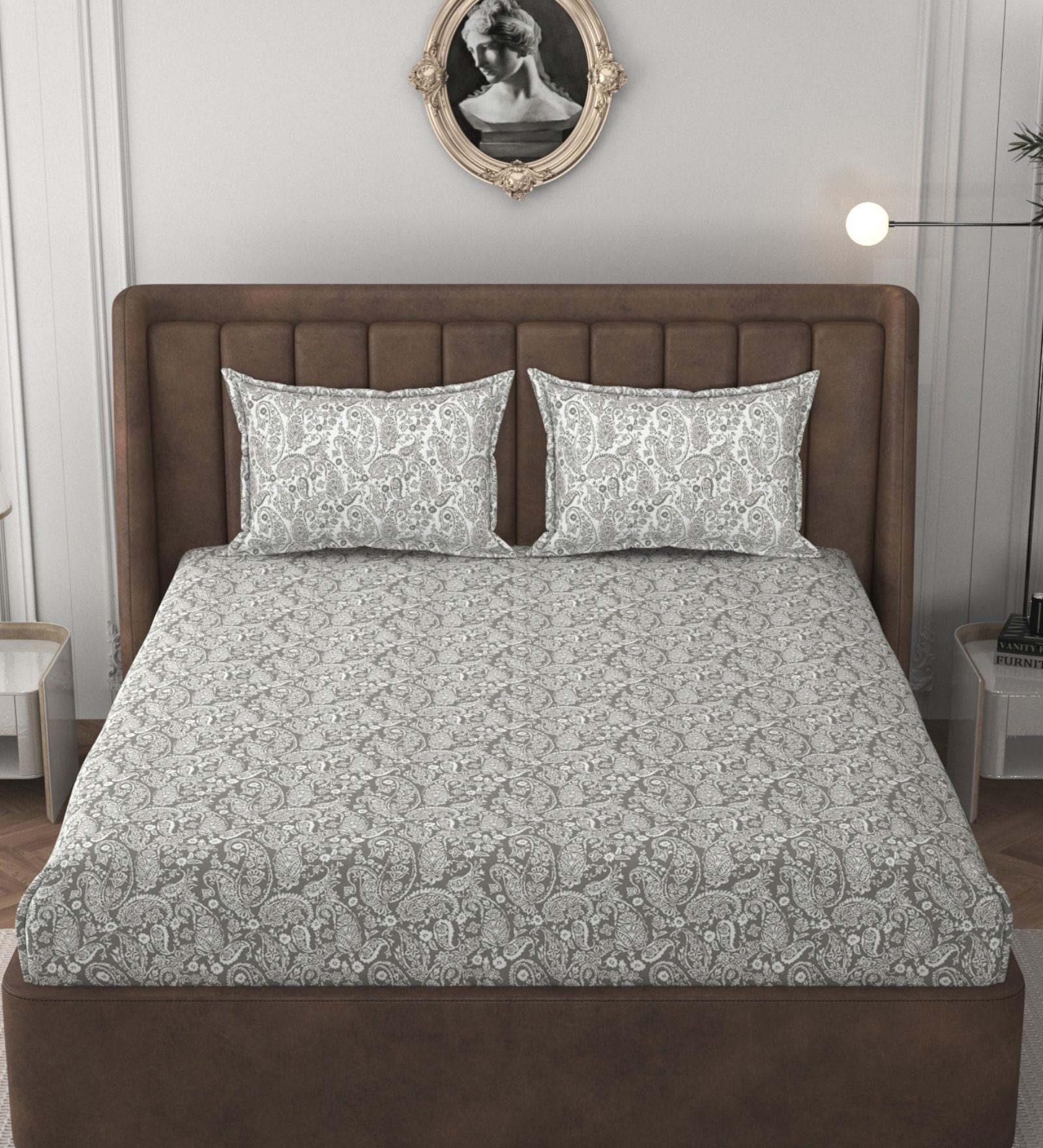 Grey & White Glace Cotton Paisley Print Elastic Fitted King Bedsheet With 2 Pillow Covers