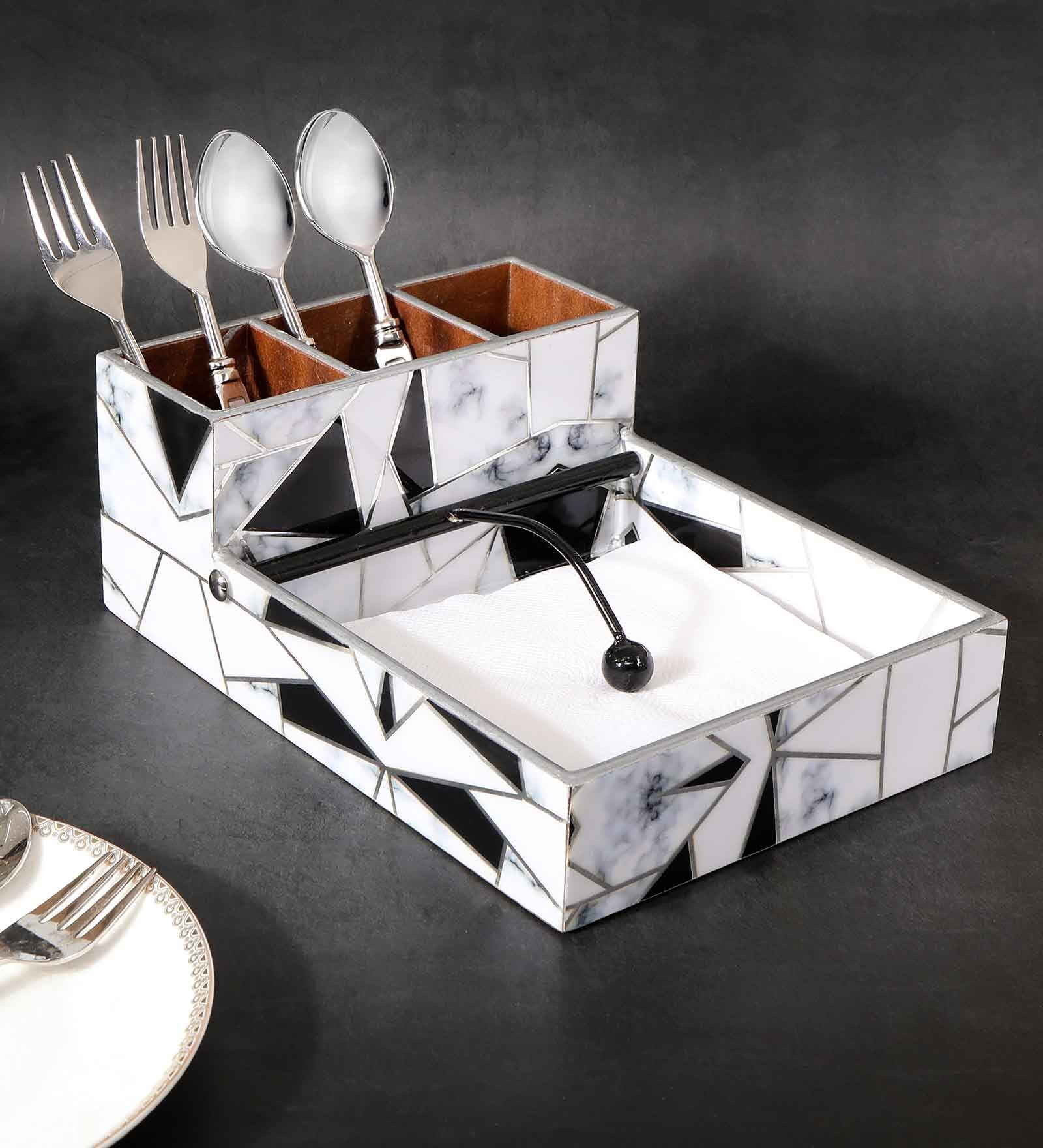 Grey & White MDF Wood Grey White Triangle Cutlery Tissue Holder