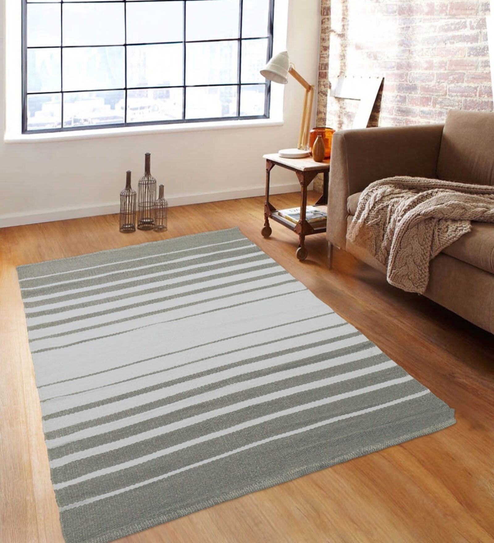 Grey & White Polypropylene Striped 3 x 5 Feet Dhurrie
