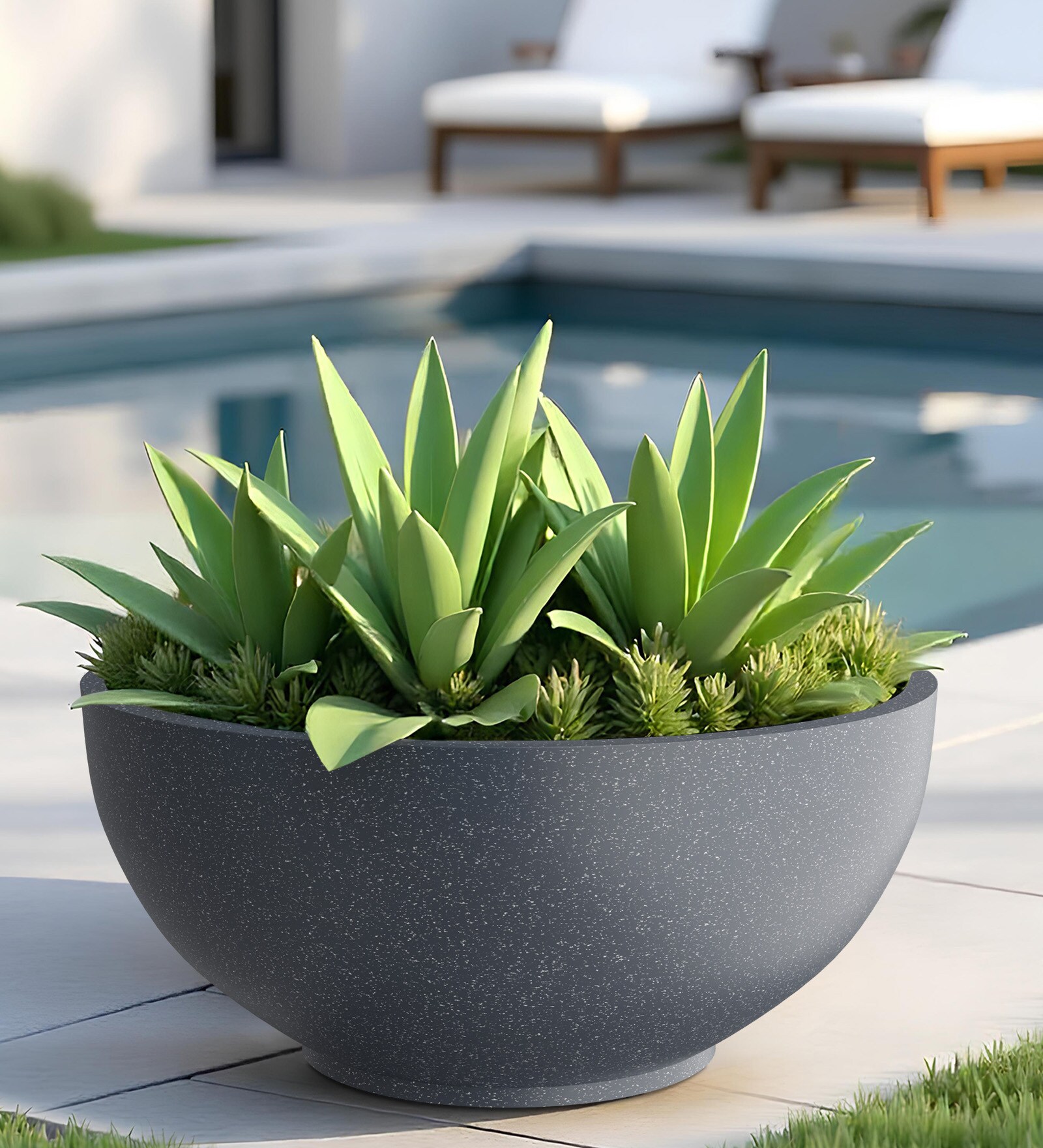 Grey Bowl Shaped Polymer Floor Planter