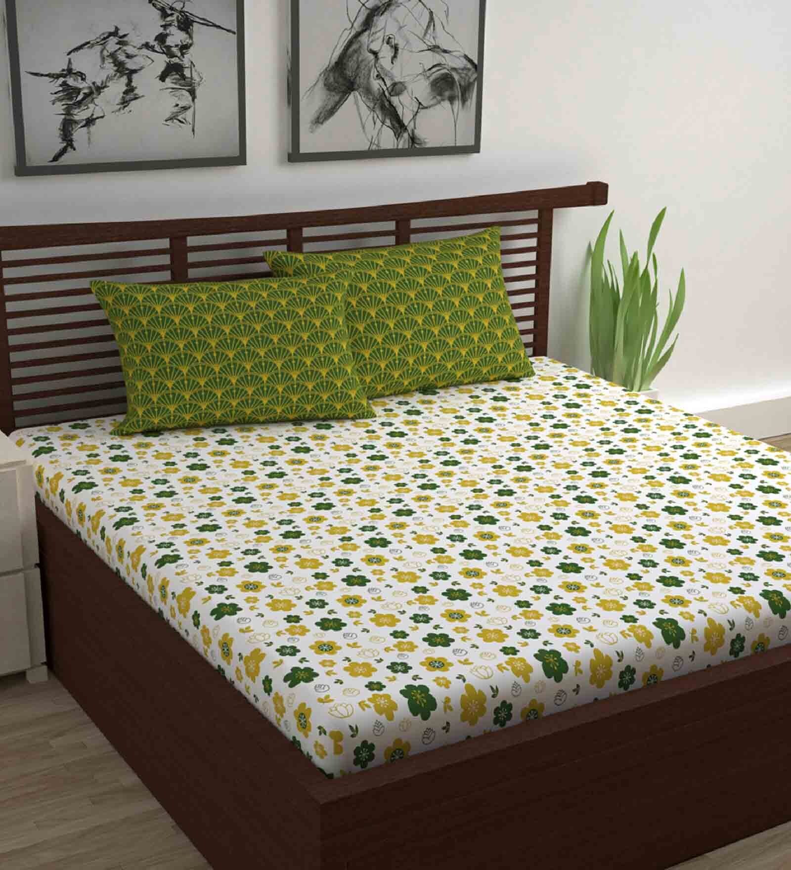 GM Floral Printed Cotton Bedsheet – Queen Size, 144 Thread Count, Sea Green & White With 2 Pillow Covers