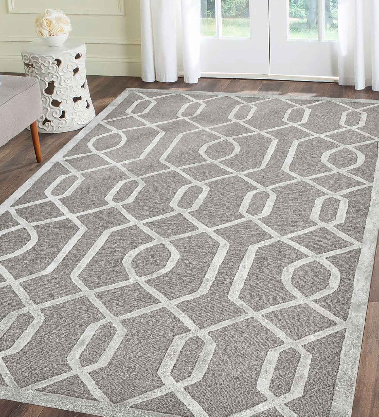 Grey  Geometric Wool And Viscose 4X6  Hand-Tufted Carpet