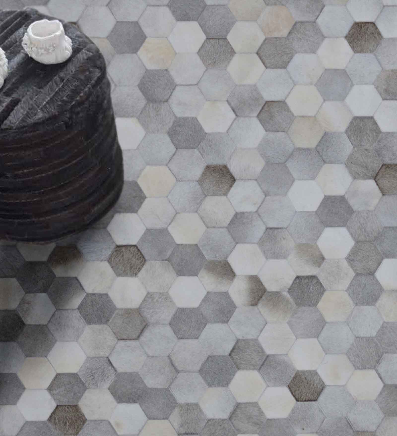 Grey  Hair On Leather Geometrical Hand Woven 8ftX10ft Carpet