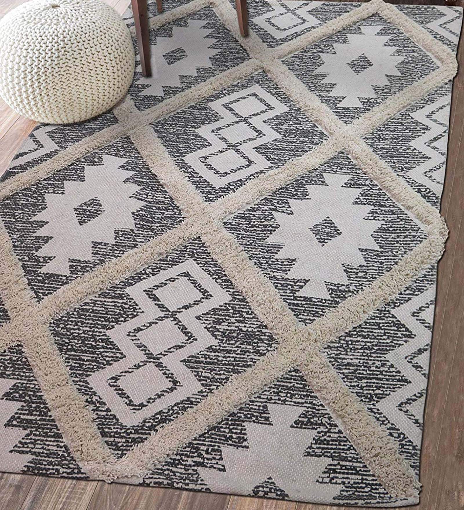 Grey Cotton 3 ft X 5 ft Machine Made Dhurrie