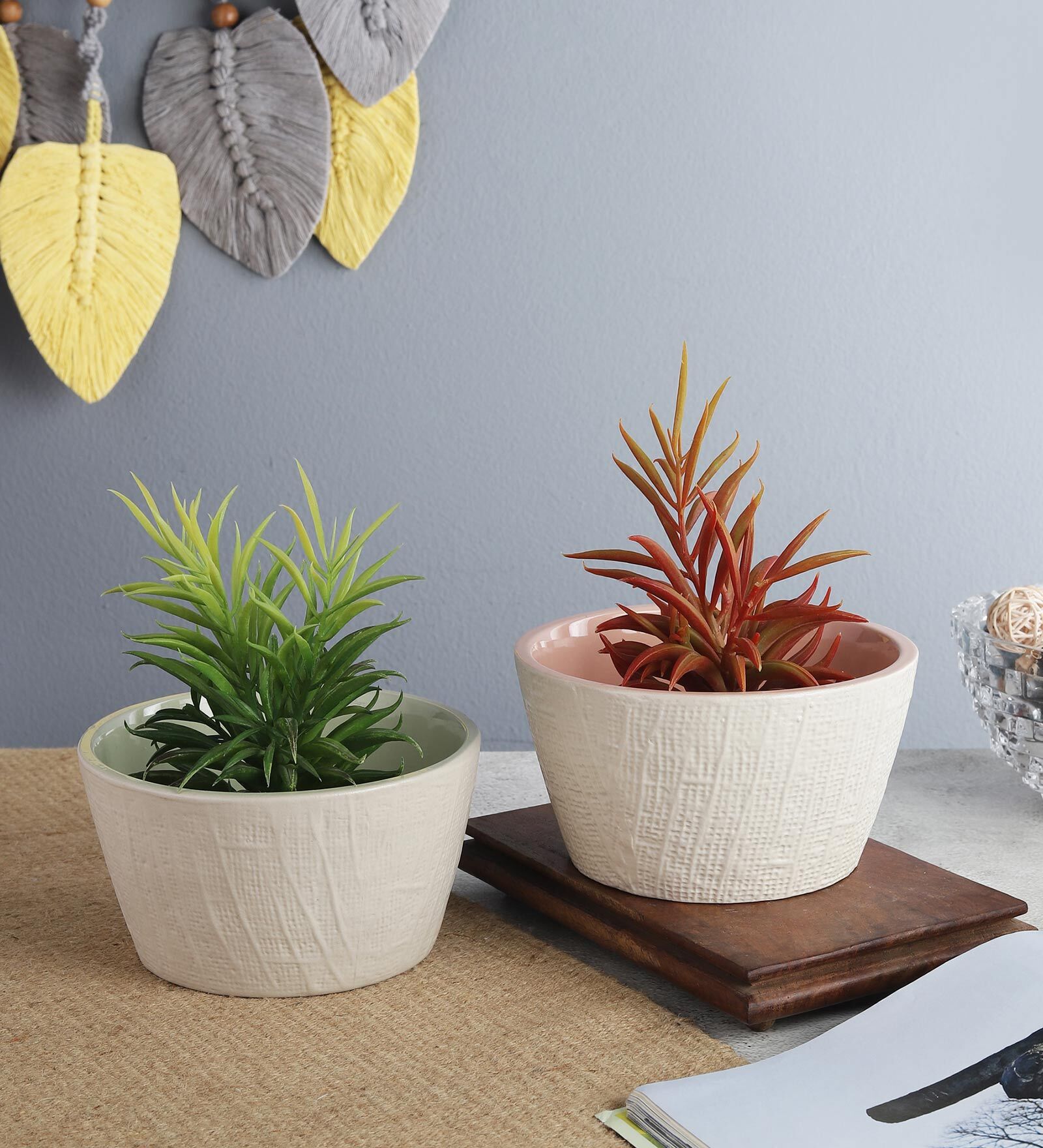 Grey, Pink & Green Ceramic Textured Planter, Set of 2