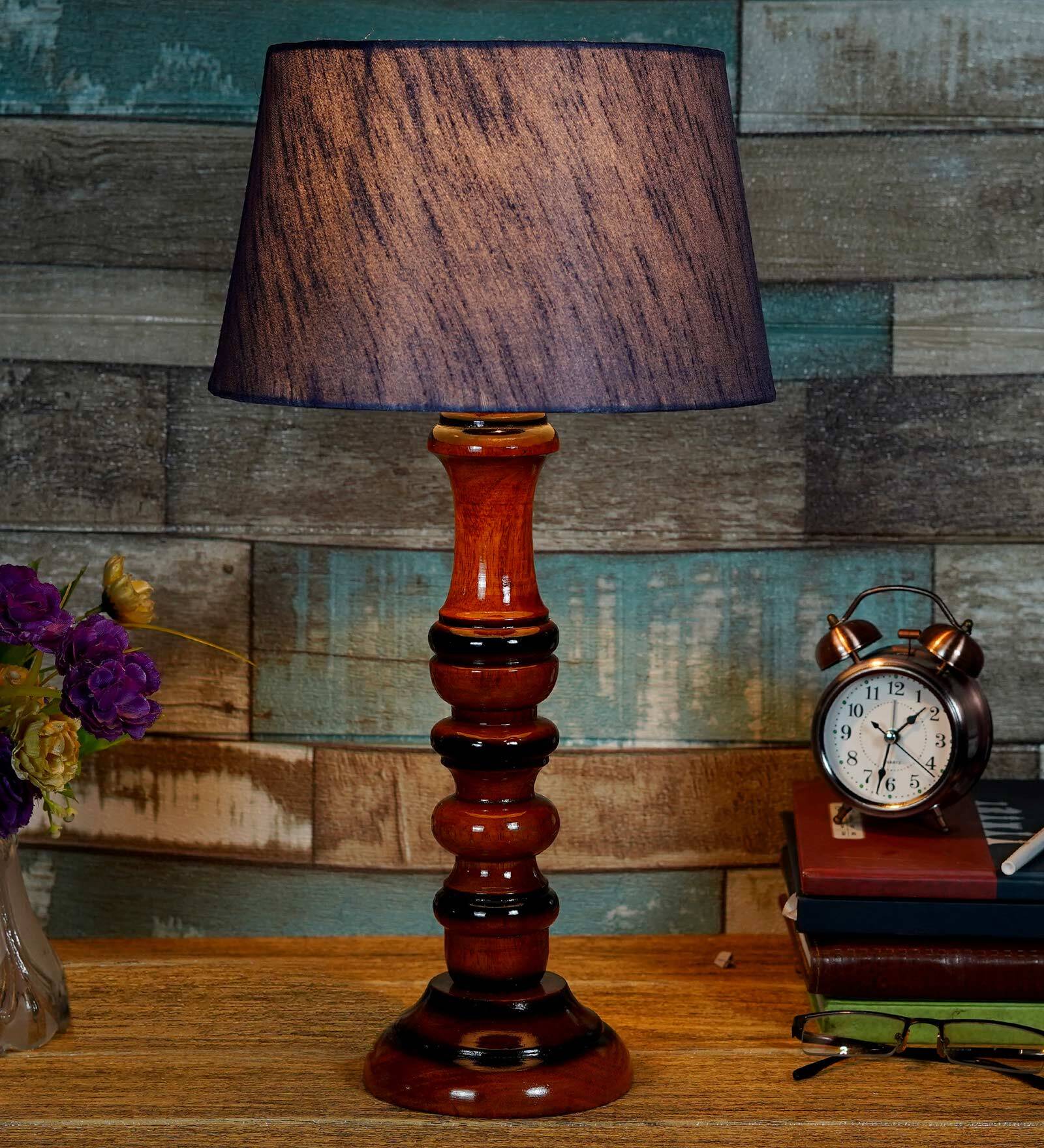 Mabel Grey Fabric Shade Night Lamp With Wood Base