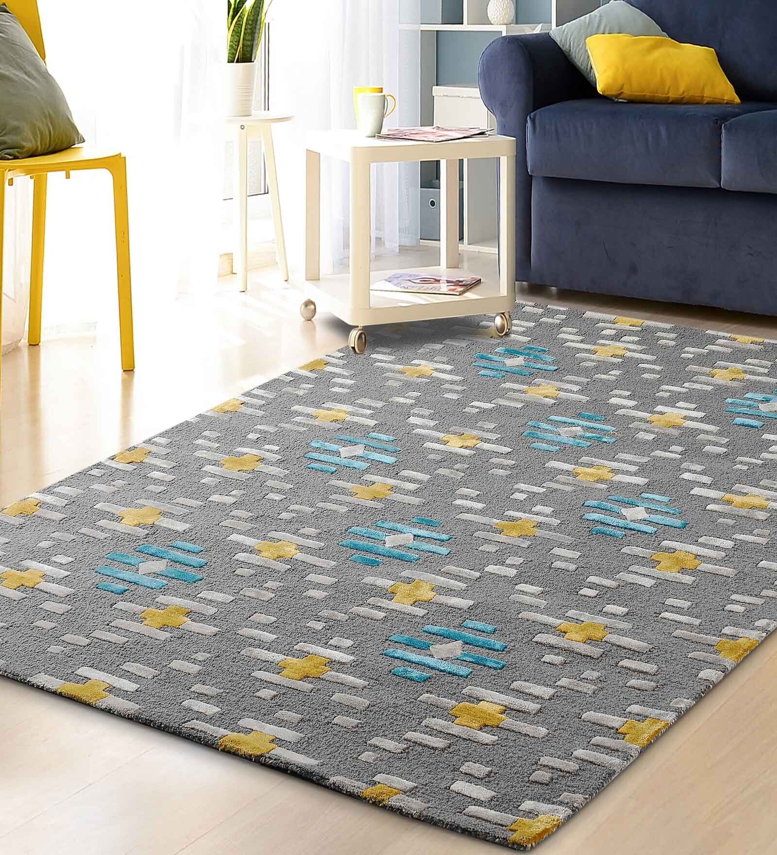 Buy Grey Geometric Wool and Art Silk 4 ft x 6 ft Hand Tufted Carpet