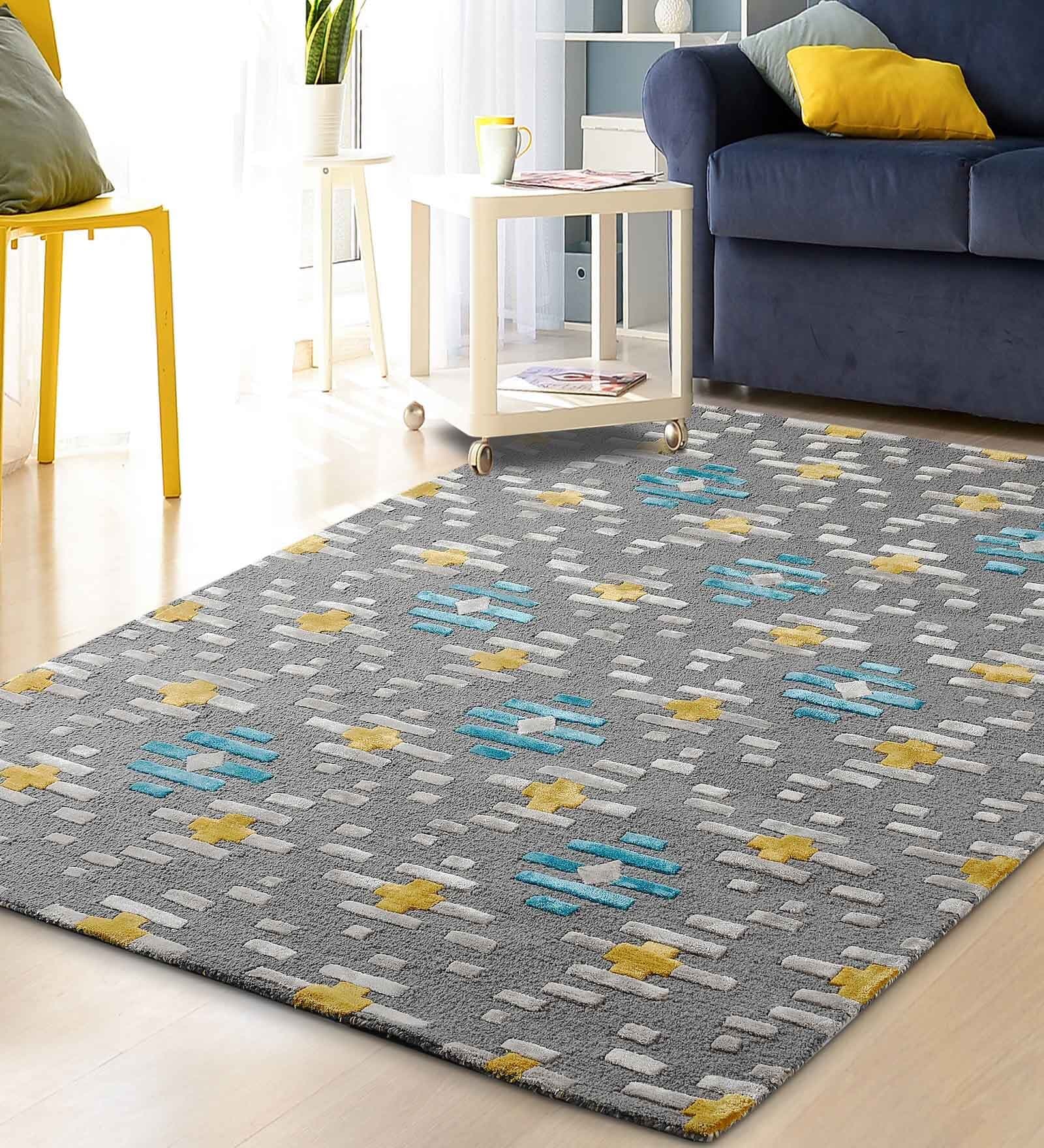 Buy Grey  Wool And Art Silk  Geometric 5 x 7 Feet Hand Tufted Carpet