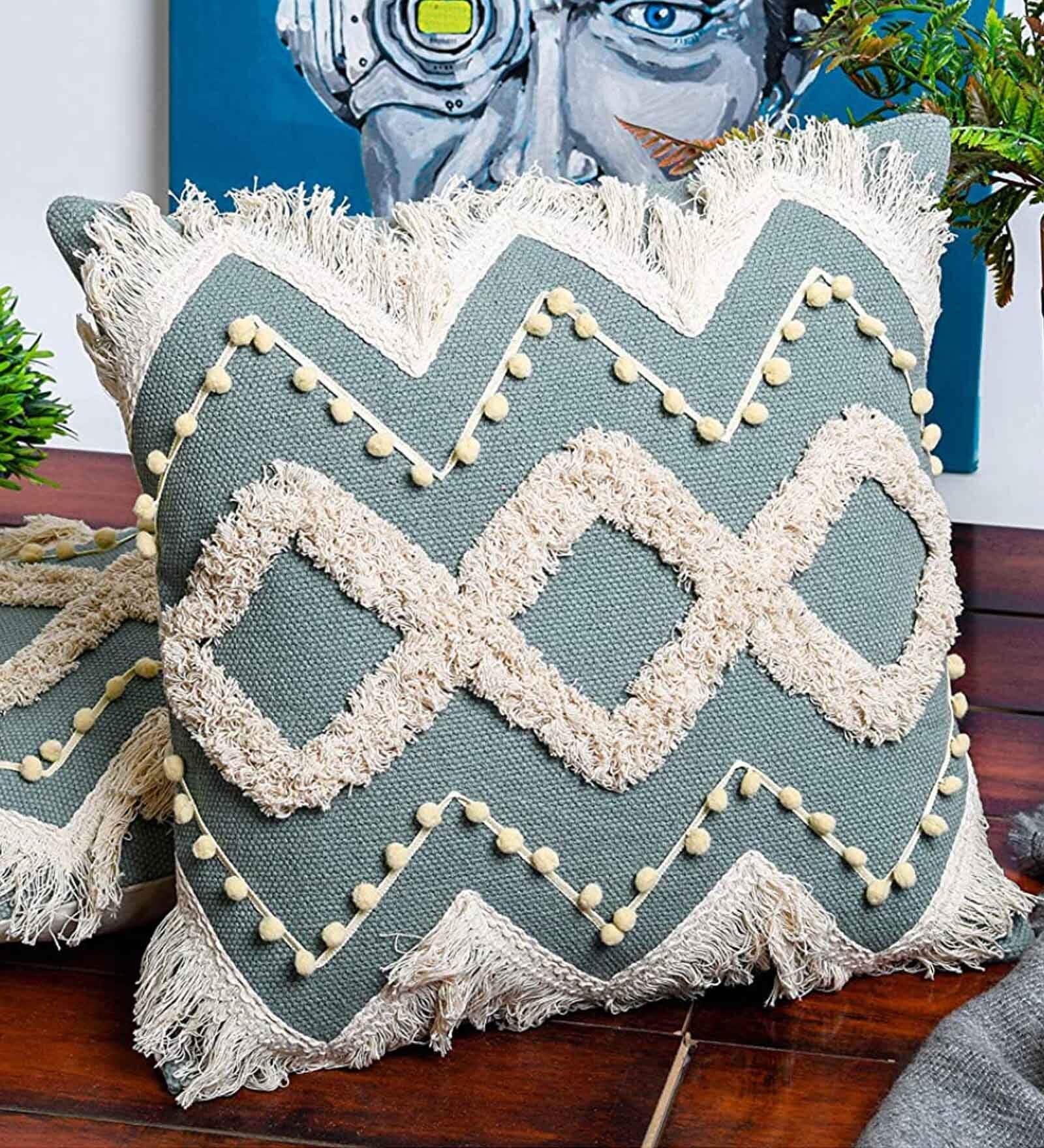 Grey Woven Cotton 16 x 16 Inches Cushion Cover