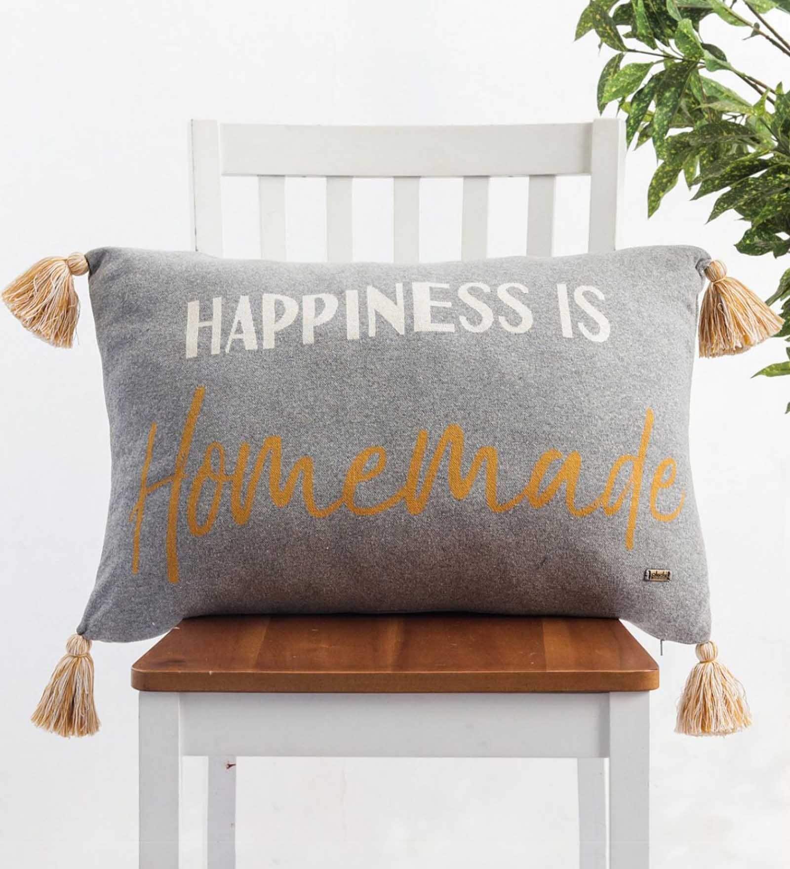 Grey 100% Cotton Happiness is Homemade 16x24 Inches Cushion Cover