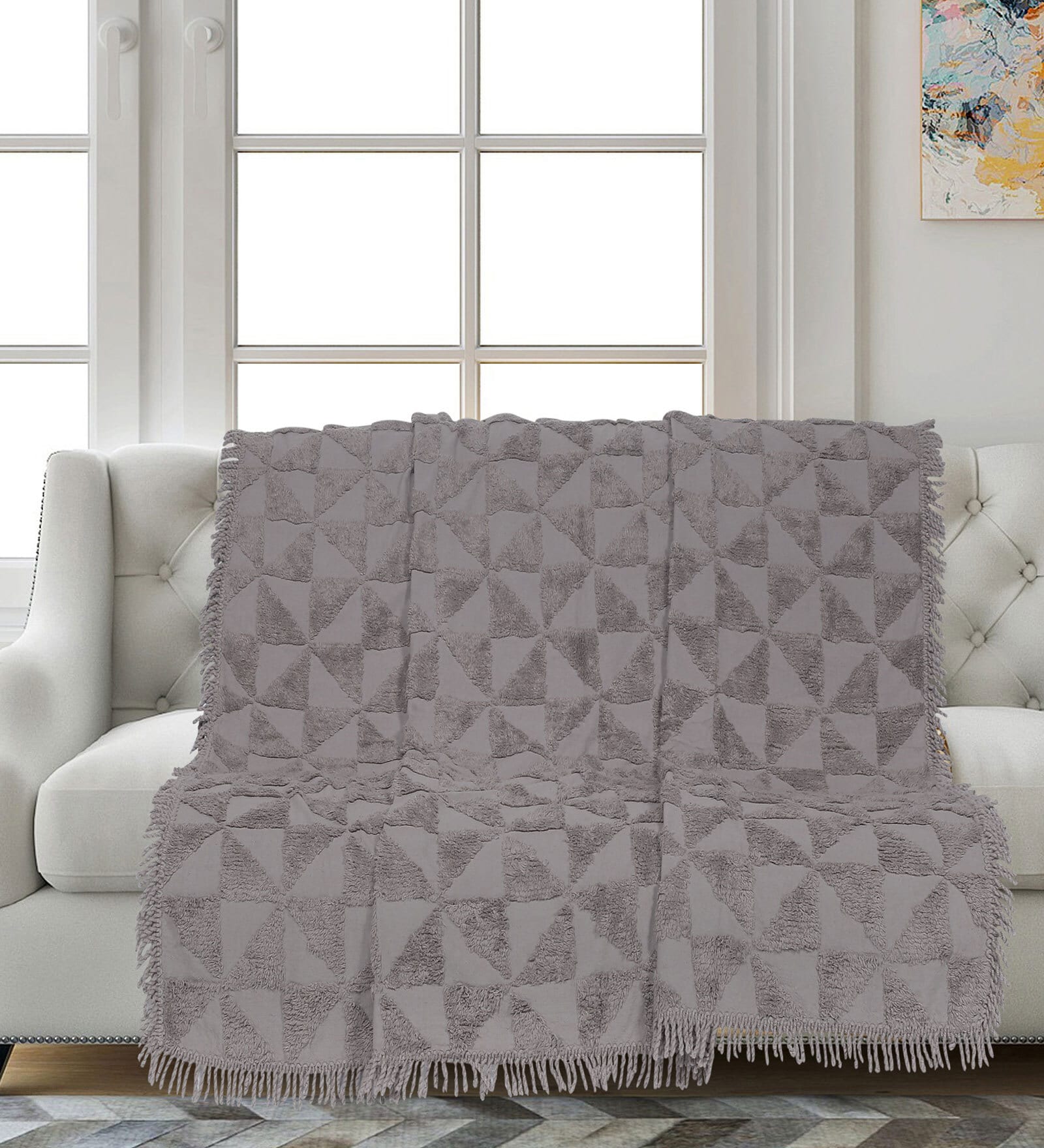 Grey Geometric Cotton 63x55 Inches Sofa Throw