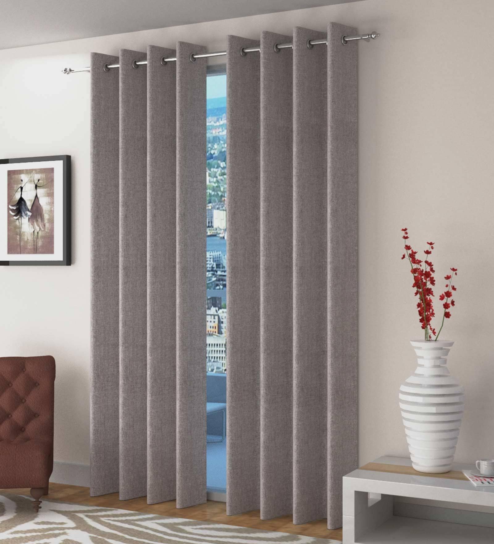 Grey Solid Jute 9 Ft Light Filtering Eyelet Door Curtain