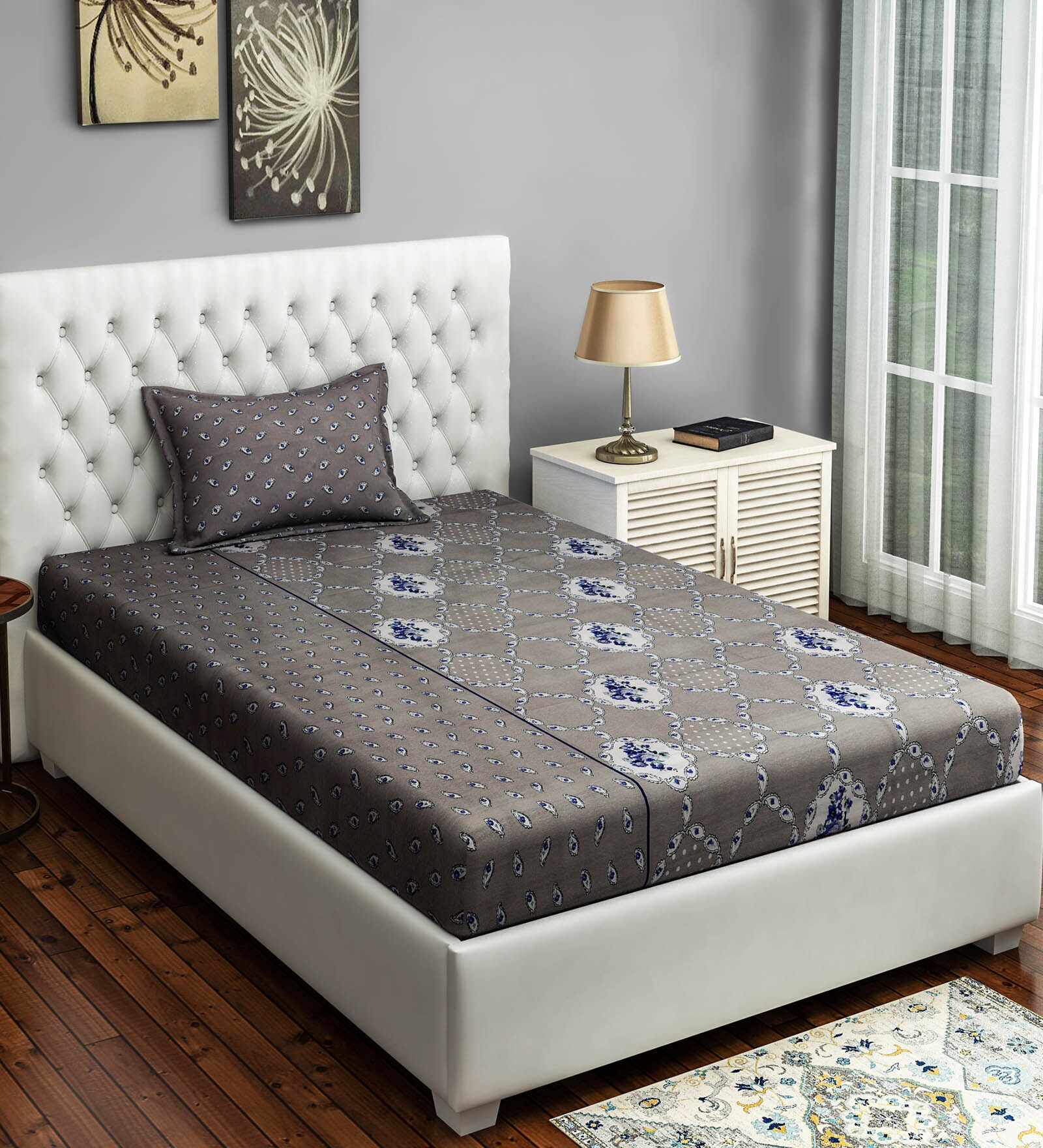 Buy Grey Floral 120 TC Cotton 1 Single Bedhseet with 1 Pillow Cover by Swayam at 52 OFF by