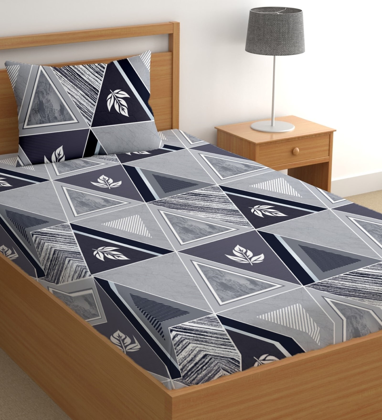 Grey 180 TC Geometric Cotton Single Bedsheet Pillow covers