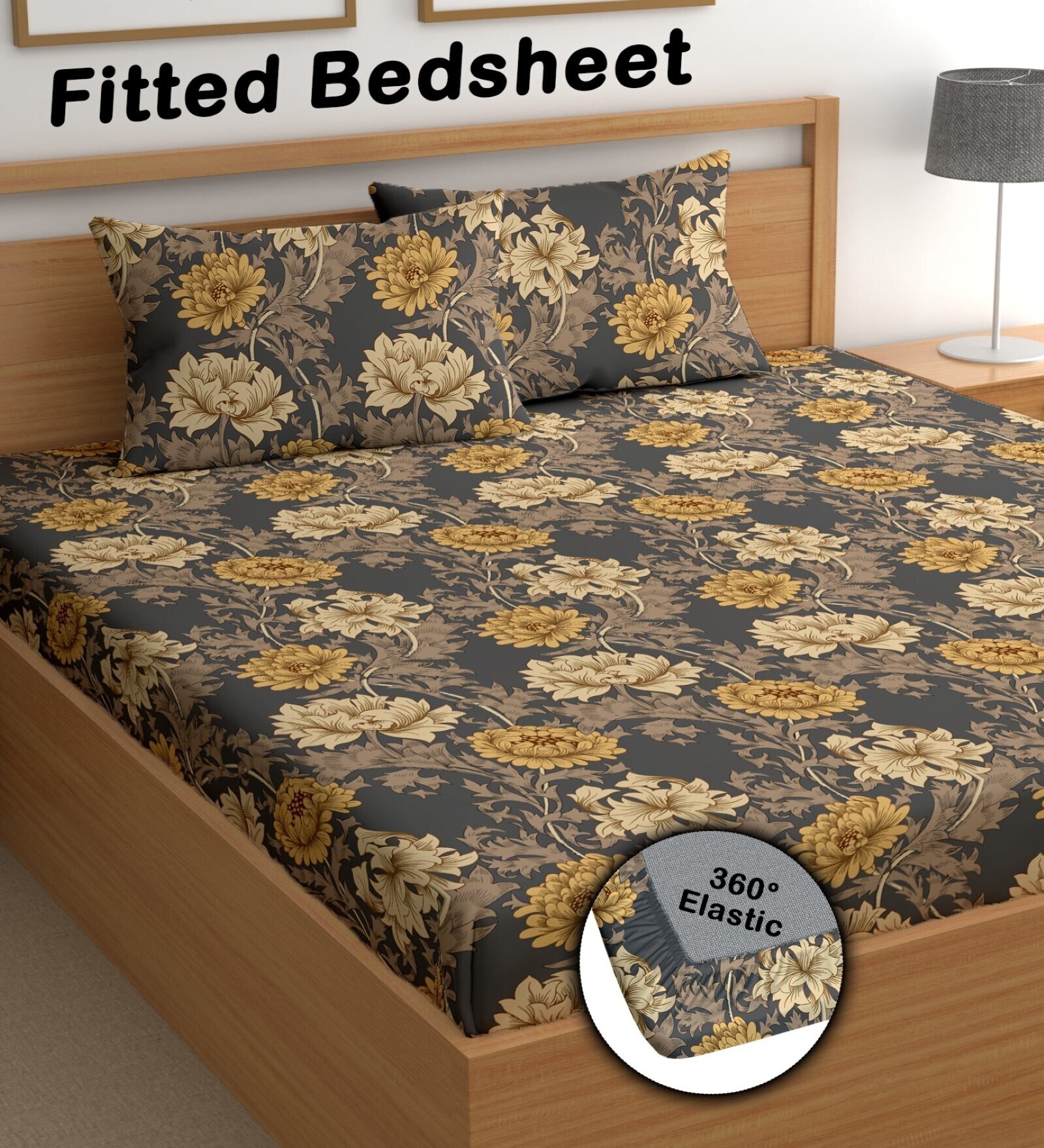 Grey 200 TC Floral Cotton Fitted Double Bedsheet 2 Pillow covers