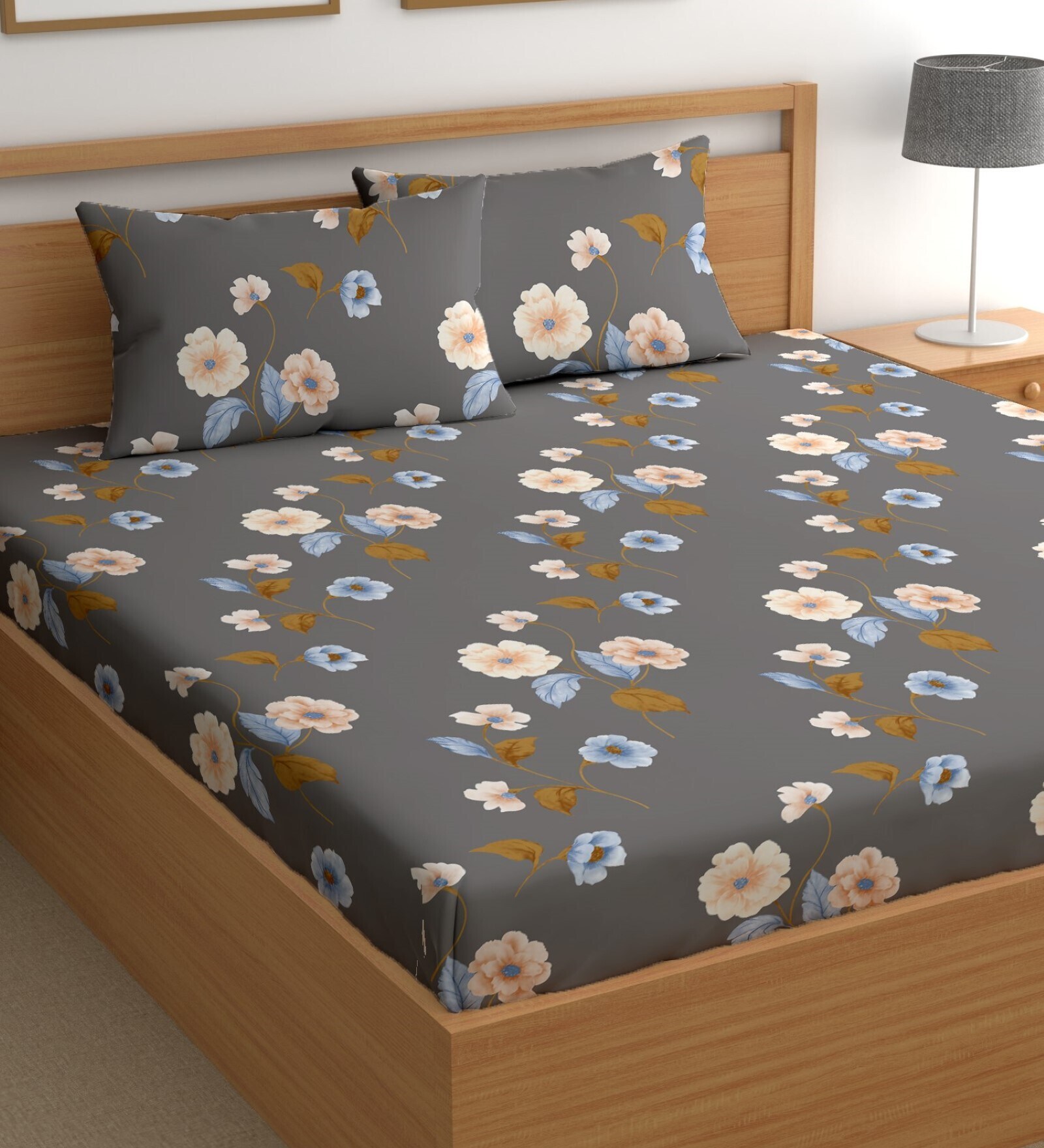 Grey 200 TC Floral Cotton Queen Double Bedsheet 2 Pillow covers