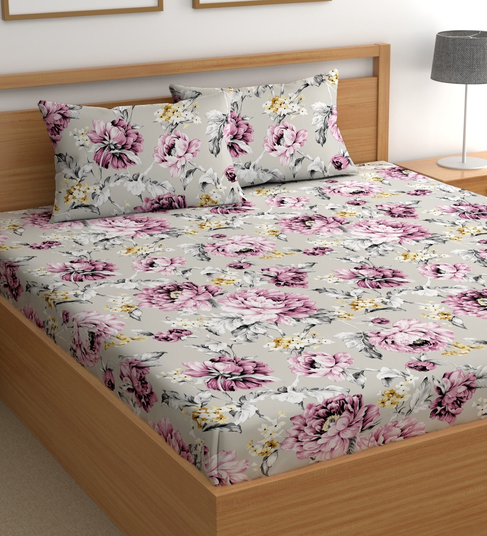 Grey 200 TC Floral Cotton Queen Double Bedsheet 2 Pillow covers