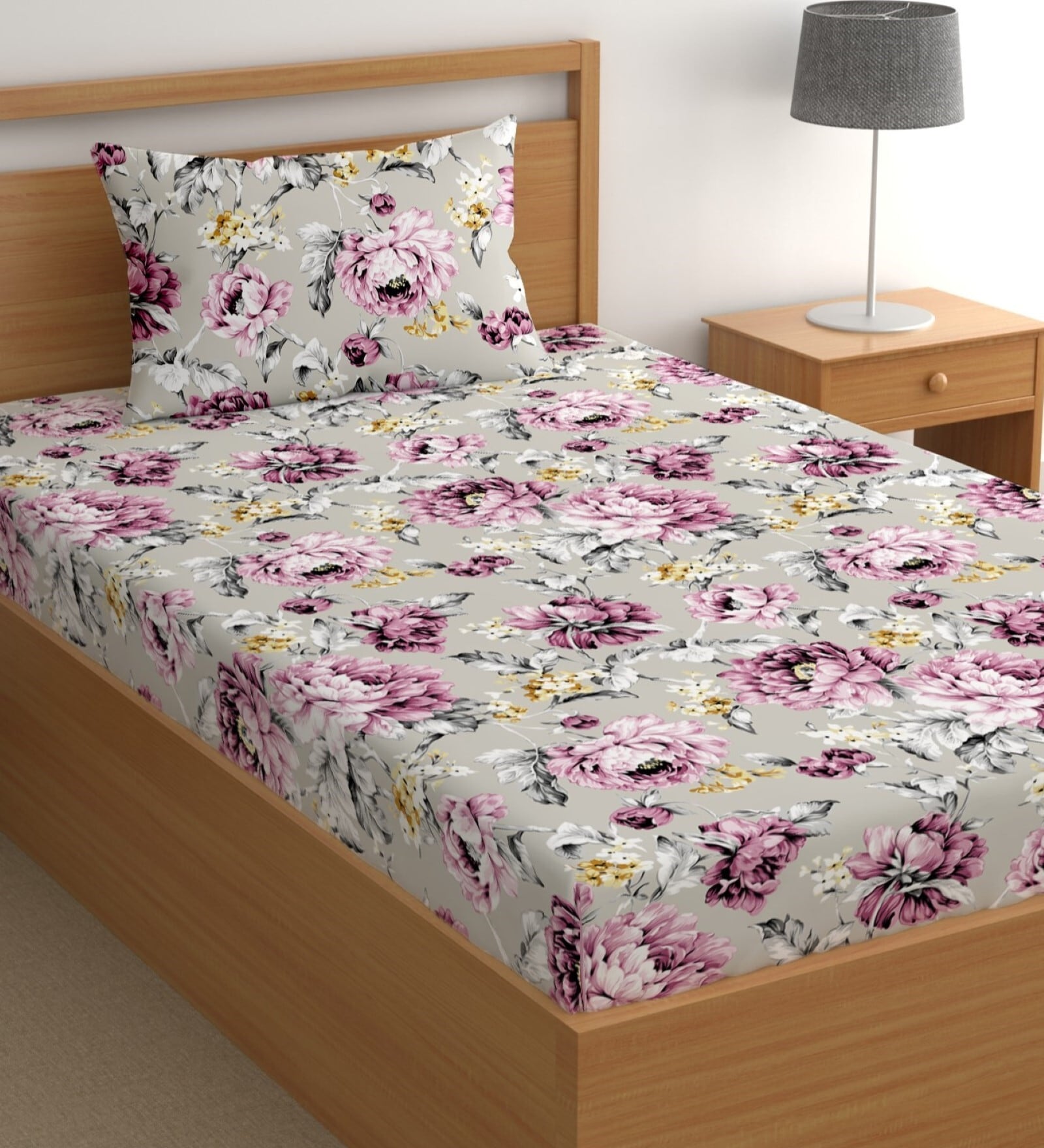 Grey 200 TC Floral Cotton Single Bedsheet Pillow covers
