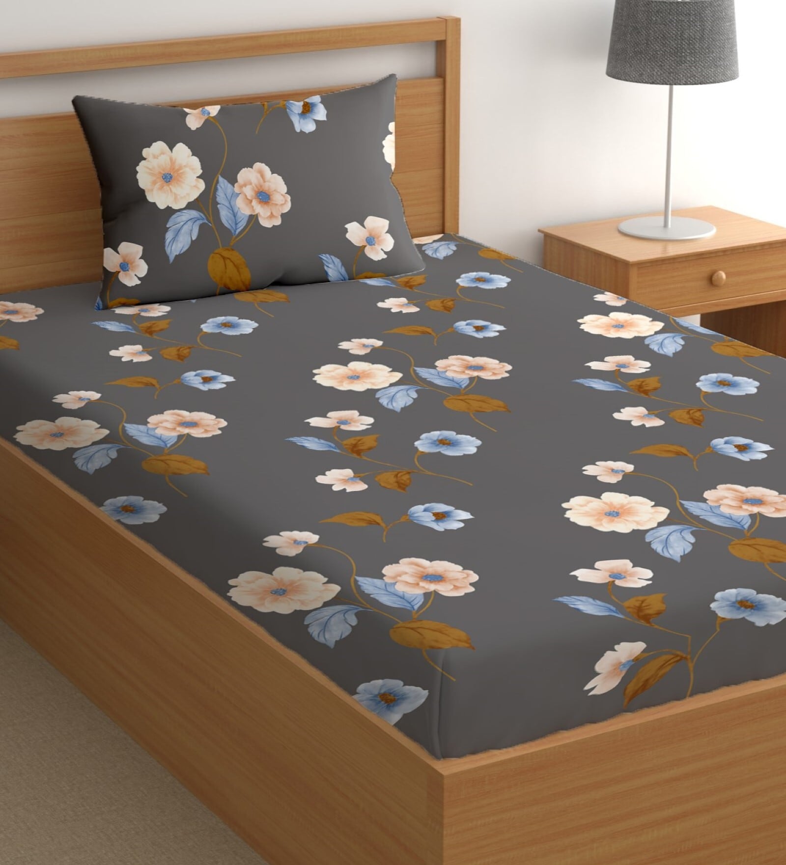 Grey 200 TC Floral Cotton Single Bedsheet Pillow covers