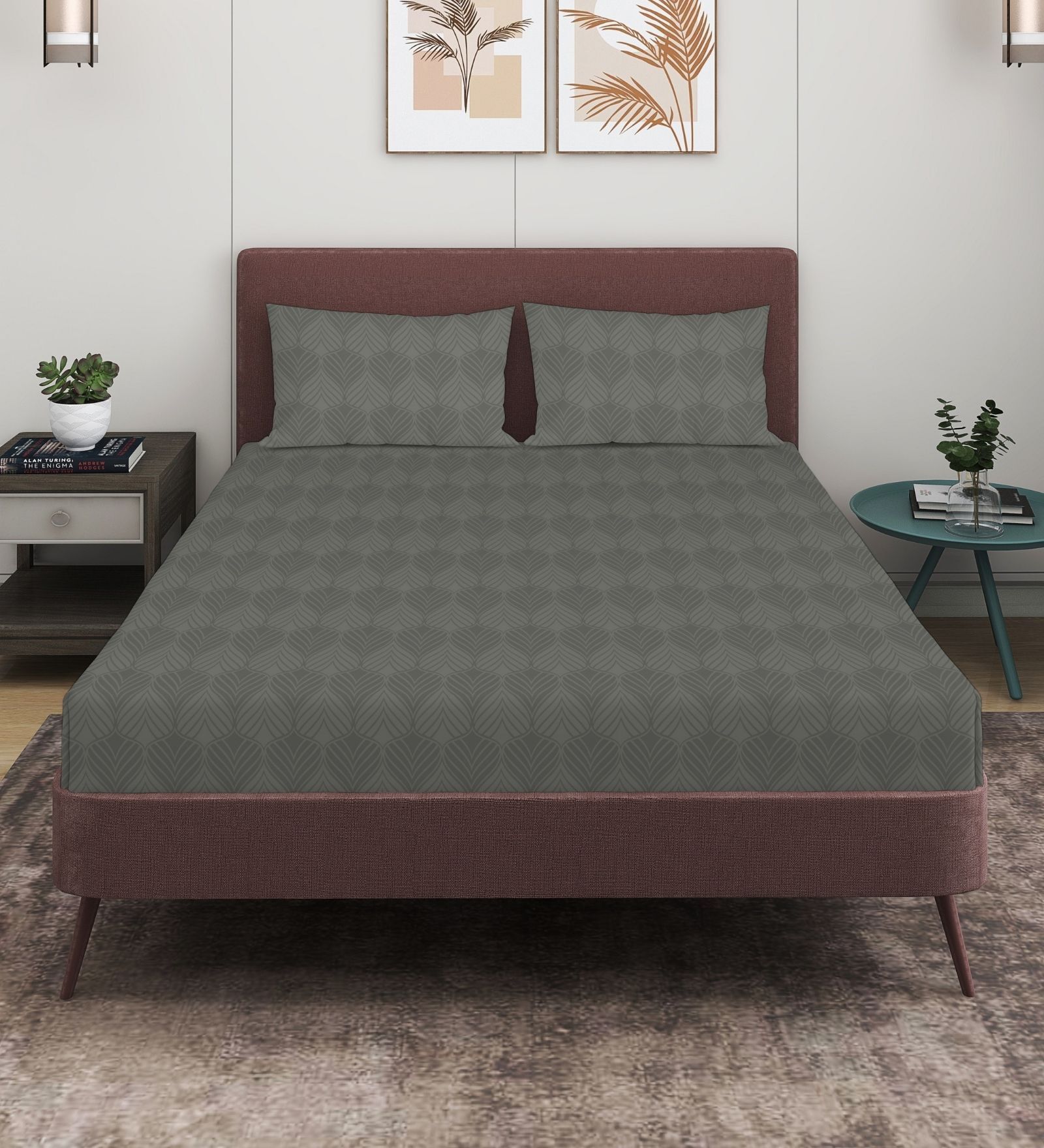 Grey 280 TC Glace Cotton Fitted Bedsheet With Embossed Leaf Pattern
