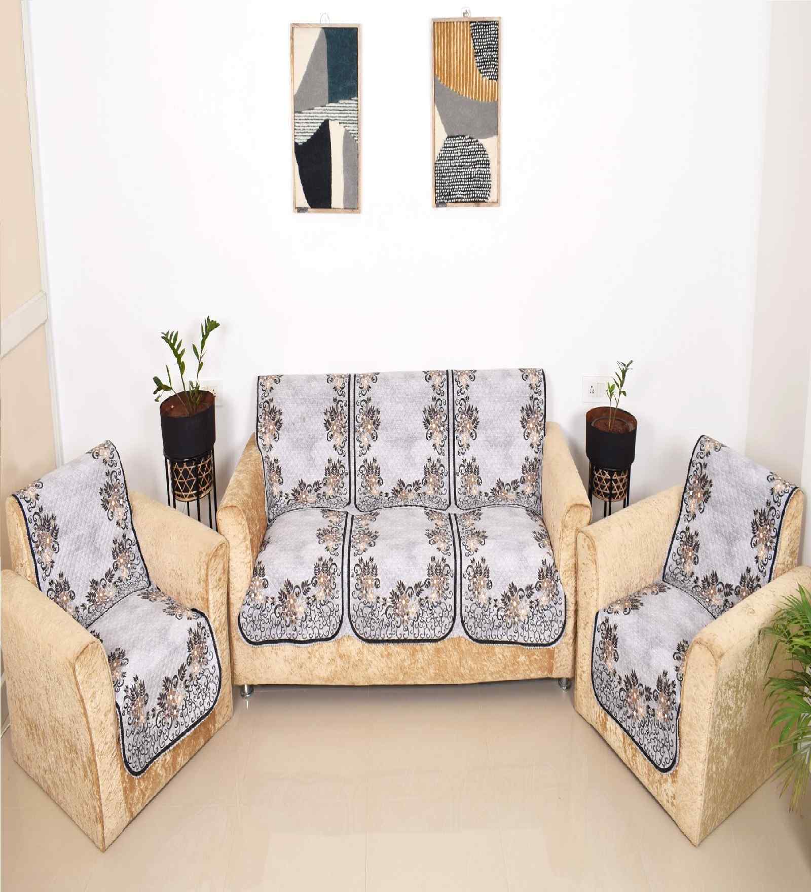 Grey 5 Seater Floral 10Pcs Sofa Covers