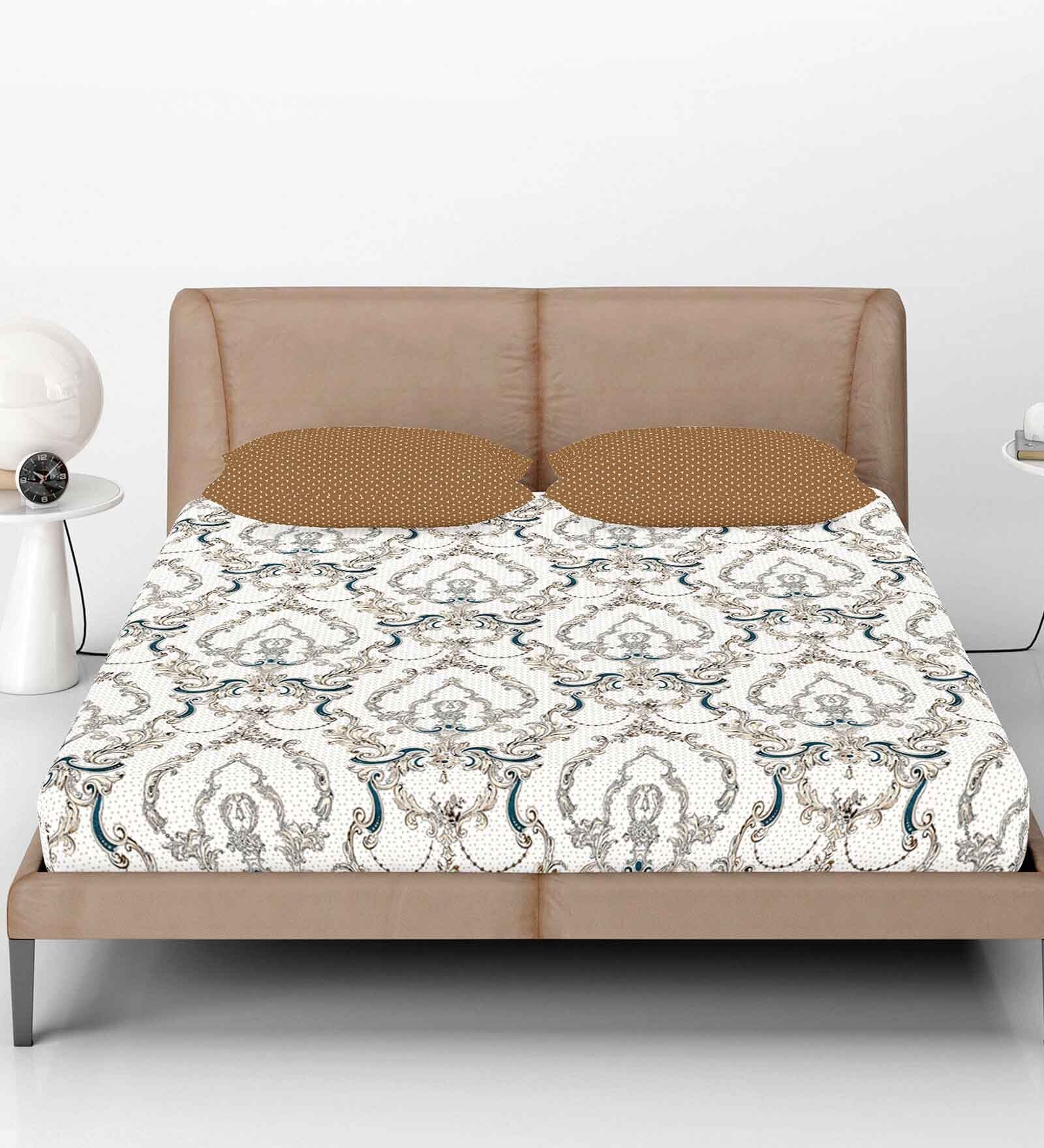 Grey Abstract 144 TC Cotton Fitted Double Bedsheet with 2 Pillow Covers